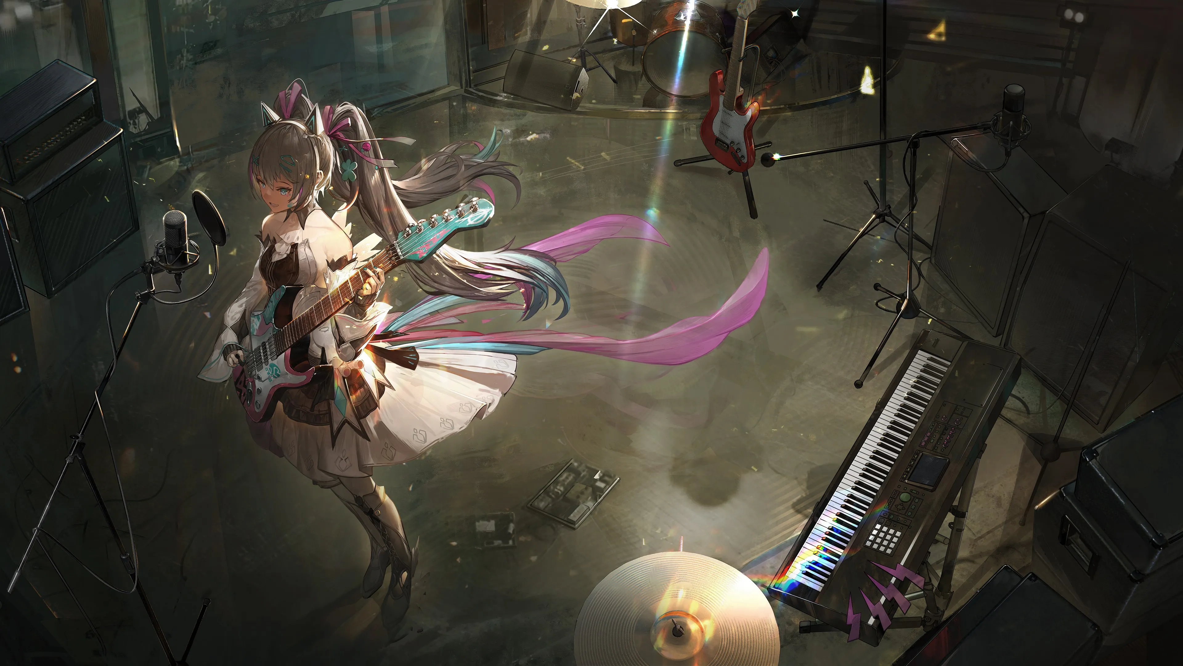 长发 头发 动漫 动漫女孩 吉他 钢琴 乐器 鼓 双尾 连衣裙 电脑壁纸 4K壁纸