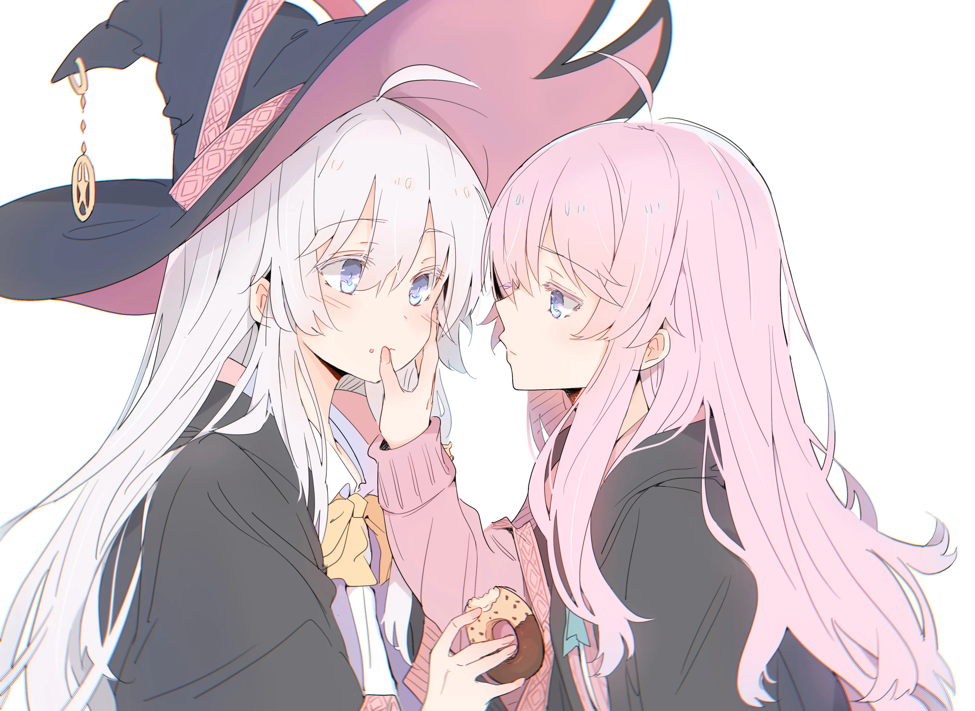 长发 动漫 动漫女孩 甜甜圈 白色 腮红 女巫帽子 极简主义 简单 电脑壁纸 4K壁纸