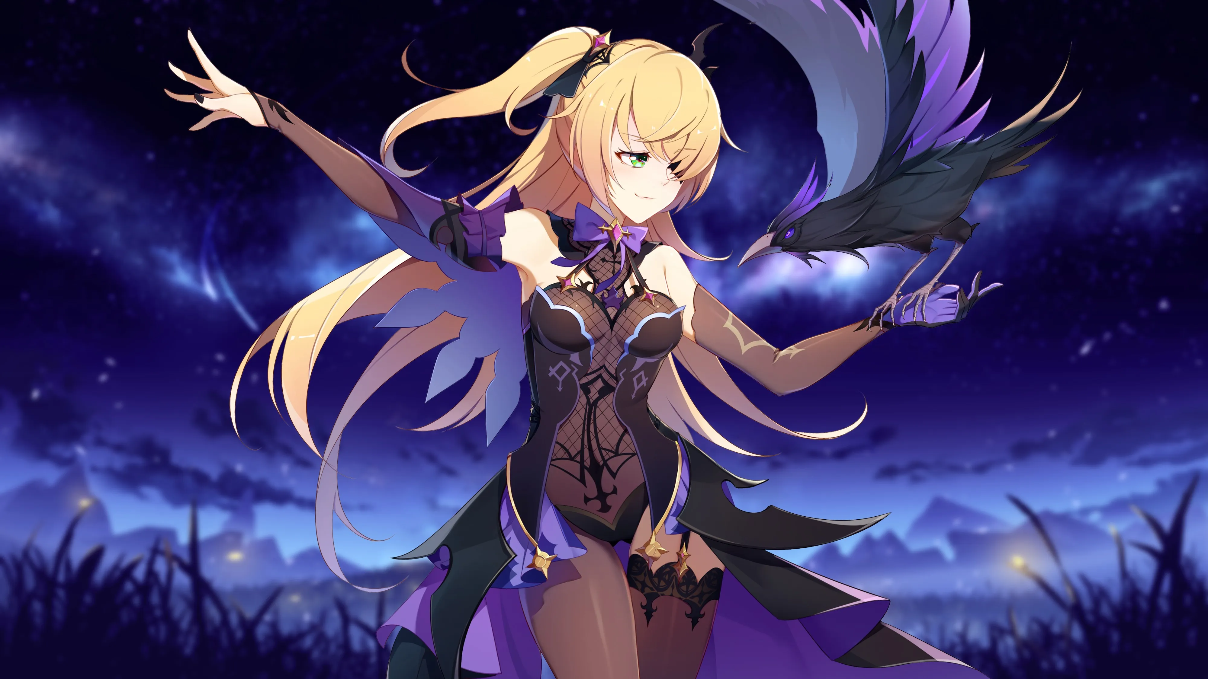 金发 原神 菲舍尔 双尾 乌鸦 黑夜 动漫女孩 电脑壁纸 4K壁纸