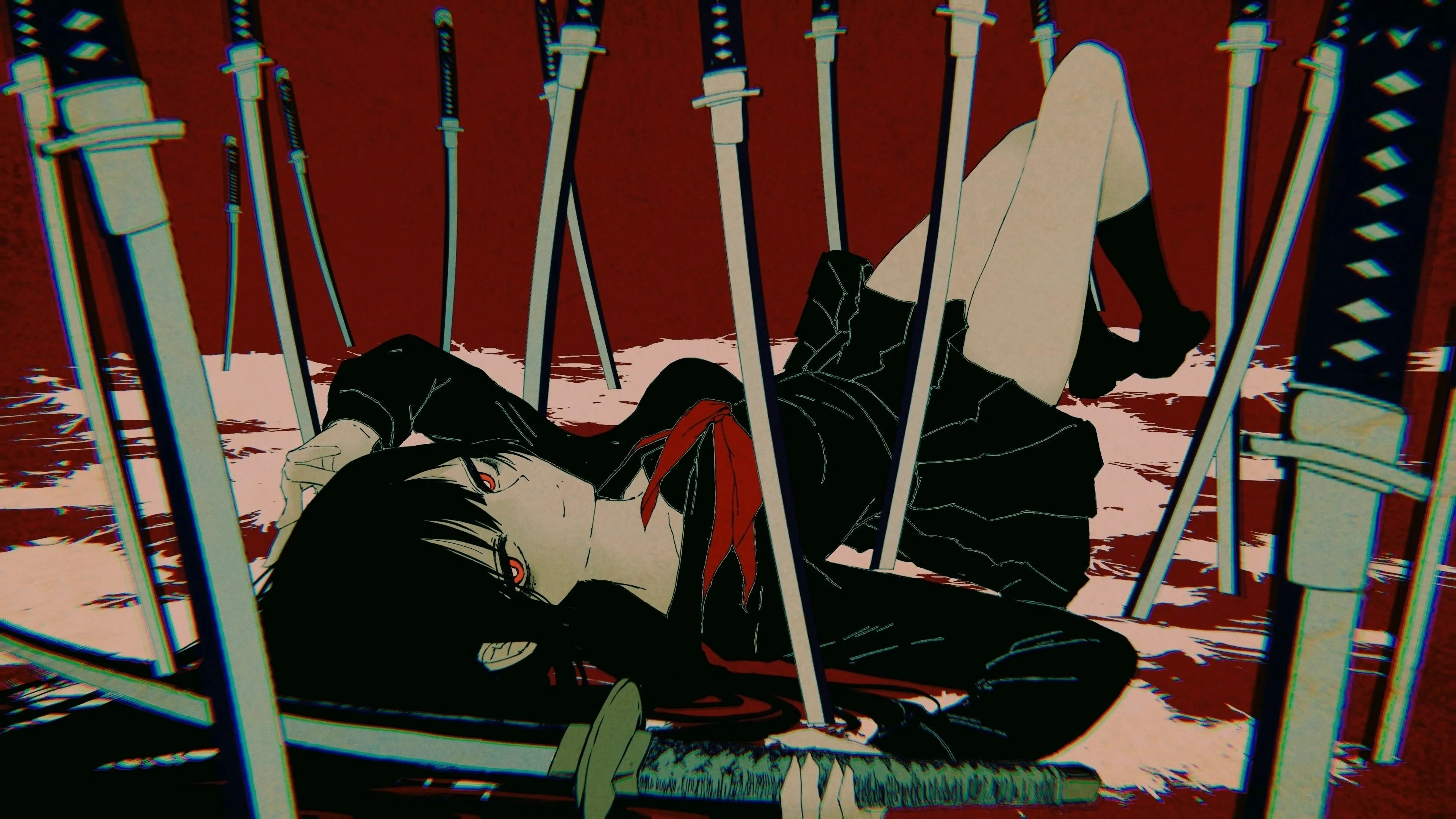 红眼睛 女学生 水手 制服 武士 动漫女孩 武器 黑发 校服 电脑壁纸 4K壁纸