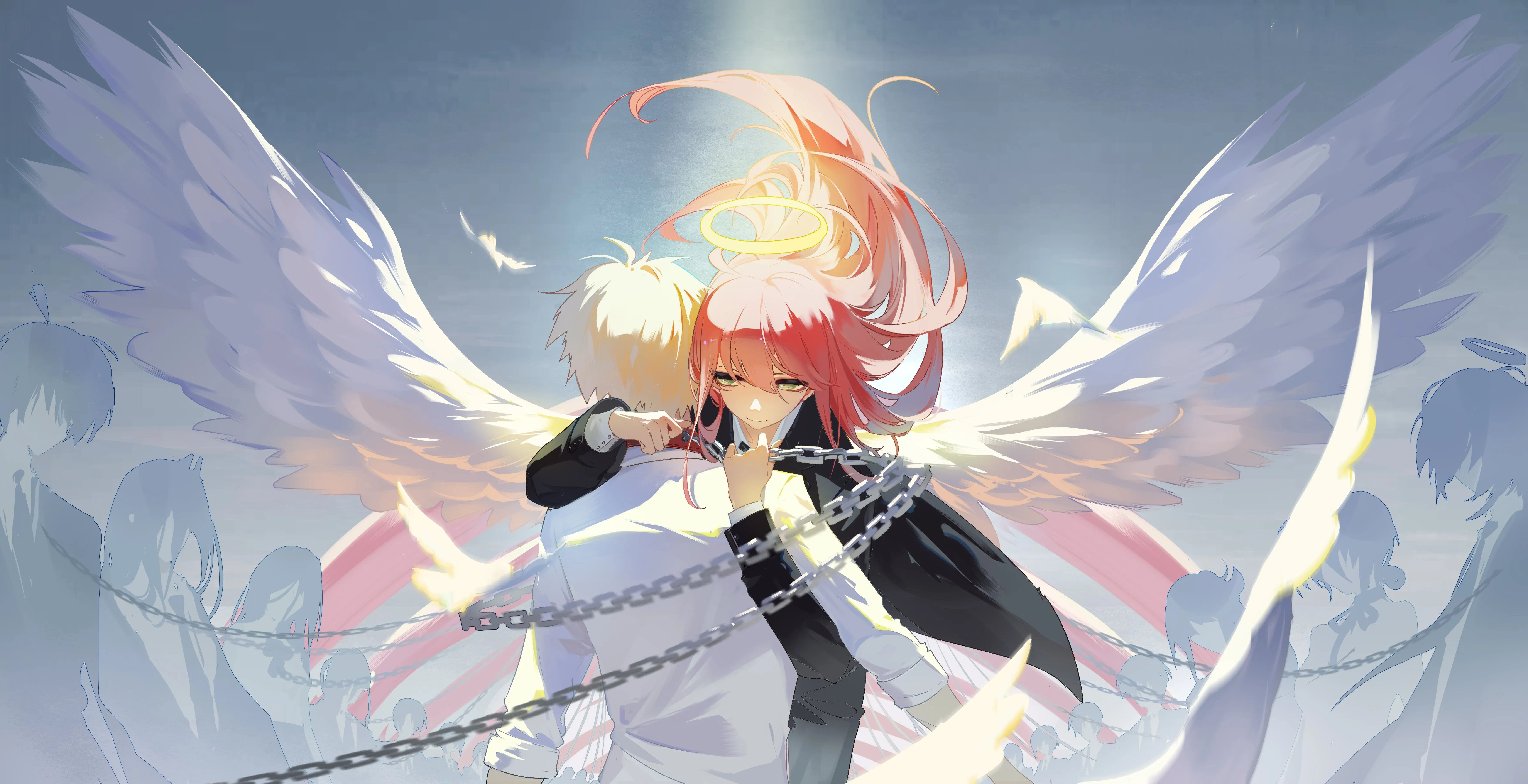 长发 金发 短发 拥抱 电锯人 天使恶魔 天使翅膀 粉色 动漫 动画 电脑壁纸 4K壁纸