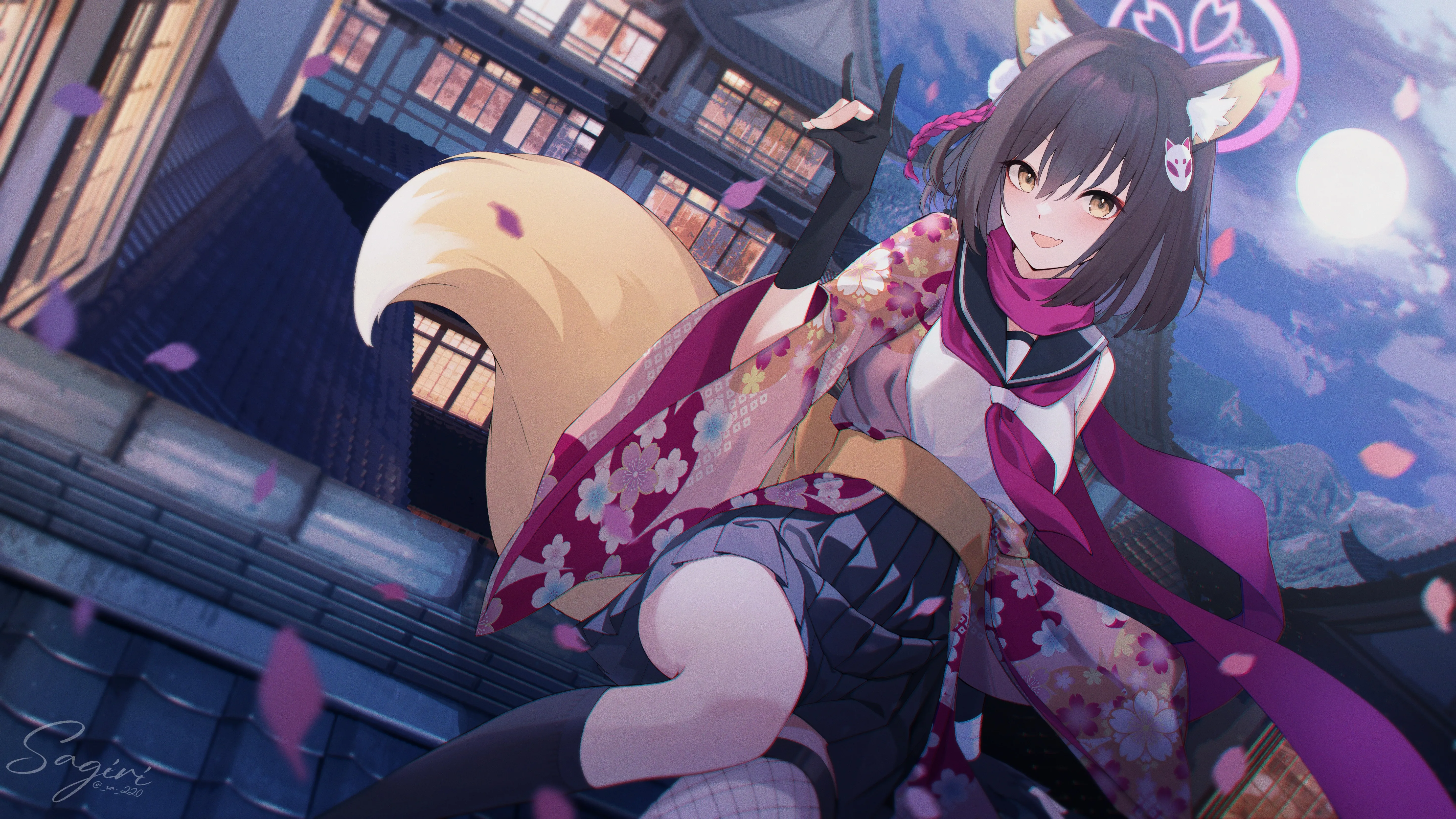 微笑 短发 狐狸耳朵 狐耳 狐狸尾巴 狐尾 深色头发 女学生 动漫 动漫女孩 蔚蓝档案 棕色眼睛 和服 校服 电脑壁纸 4K壁纸