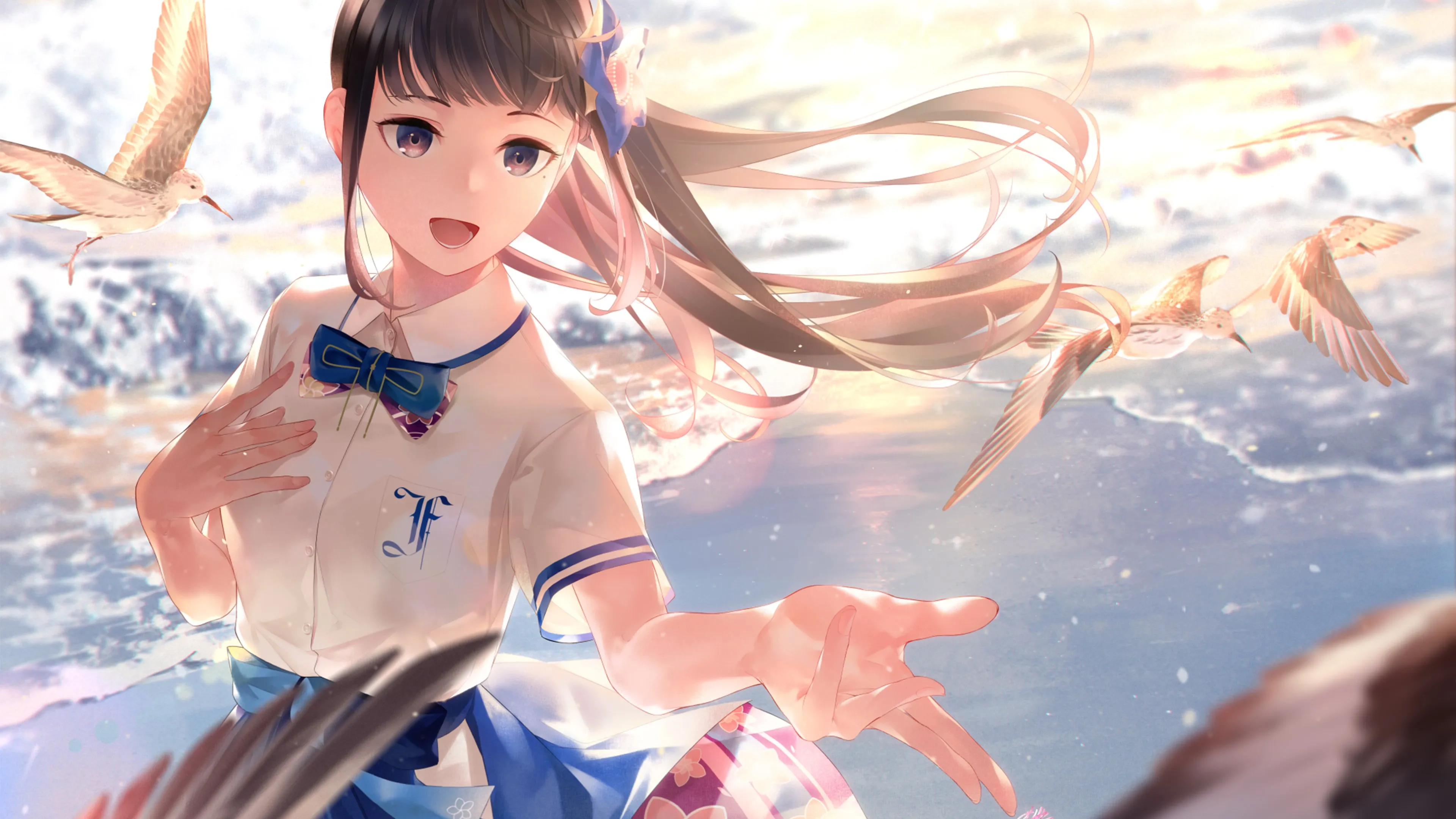 泽泽 动漫 动漫女孩 海滩 校服 鸟 唱歌 虚拟 电脑壁纸 4K壁纸