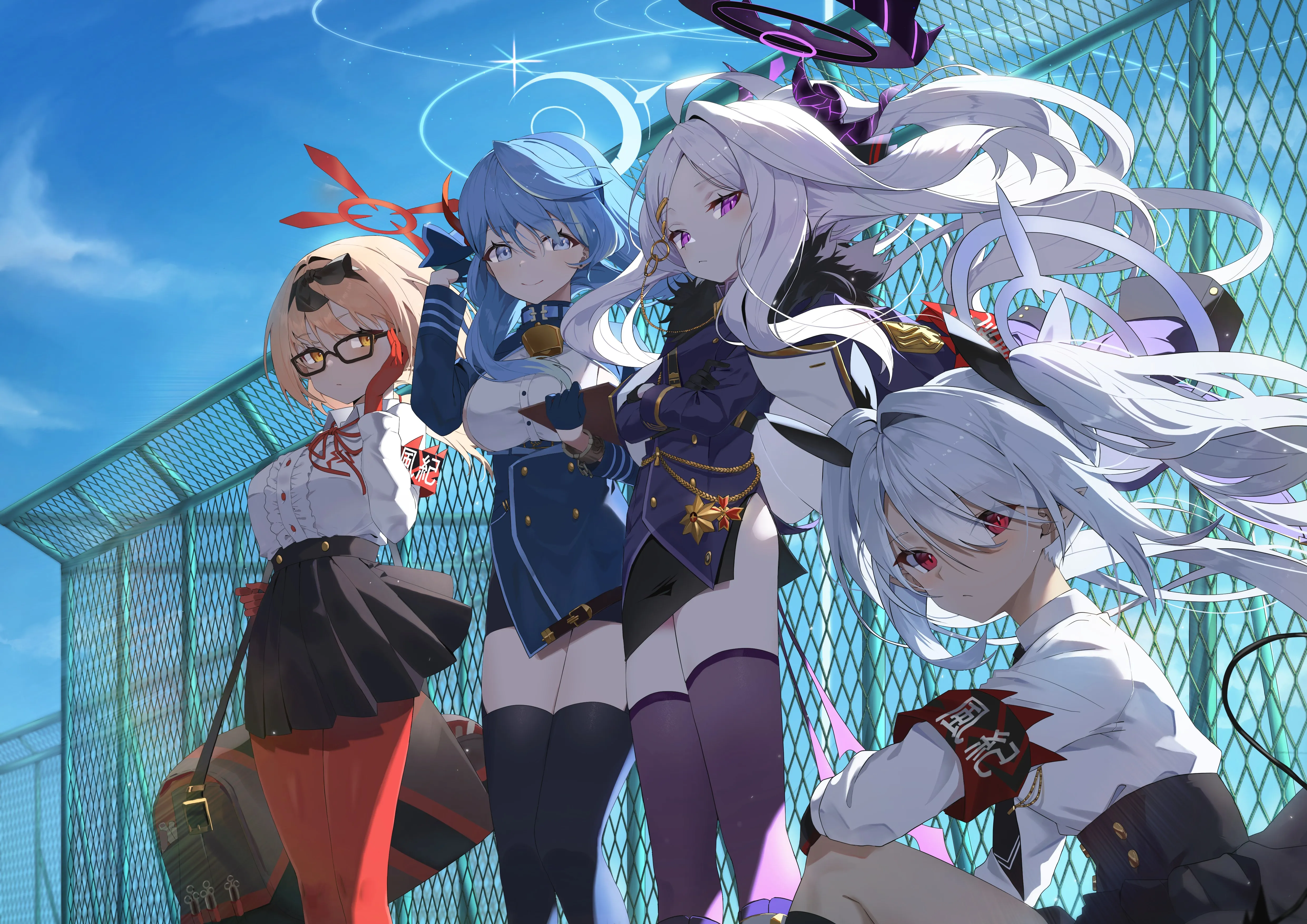 长发 站立 女学生 动漫 动漫女孩 蔚蓝档案 栅栏 天空 云 校服 手套 电脑壁纸 4K壁纸