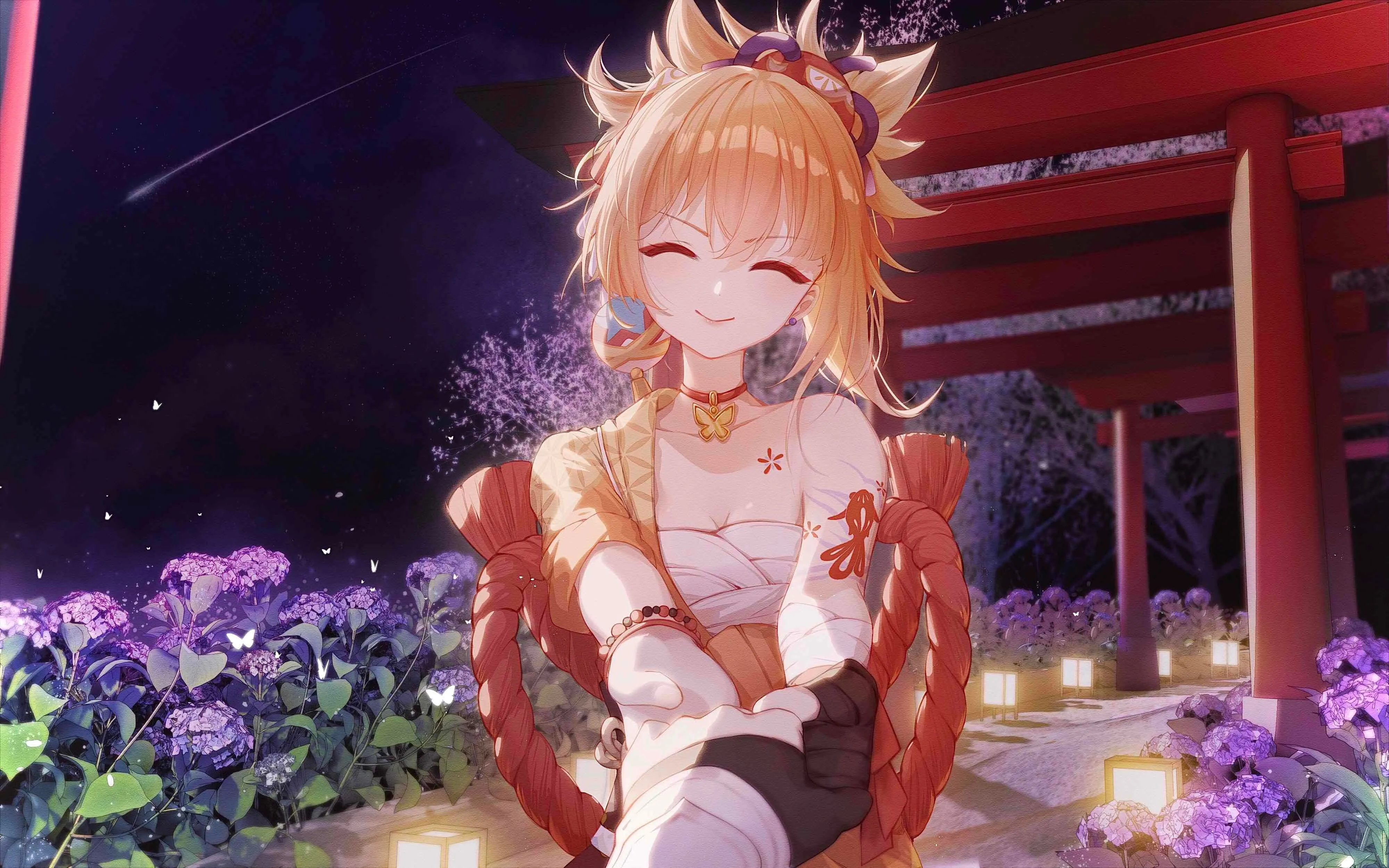 长发 金发 动漫 动漫女孩 原神 艺术 灯笼 电脑壁纸 4K壁纸