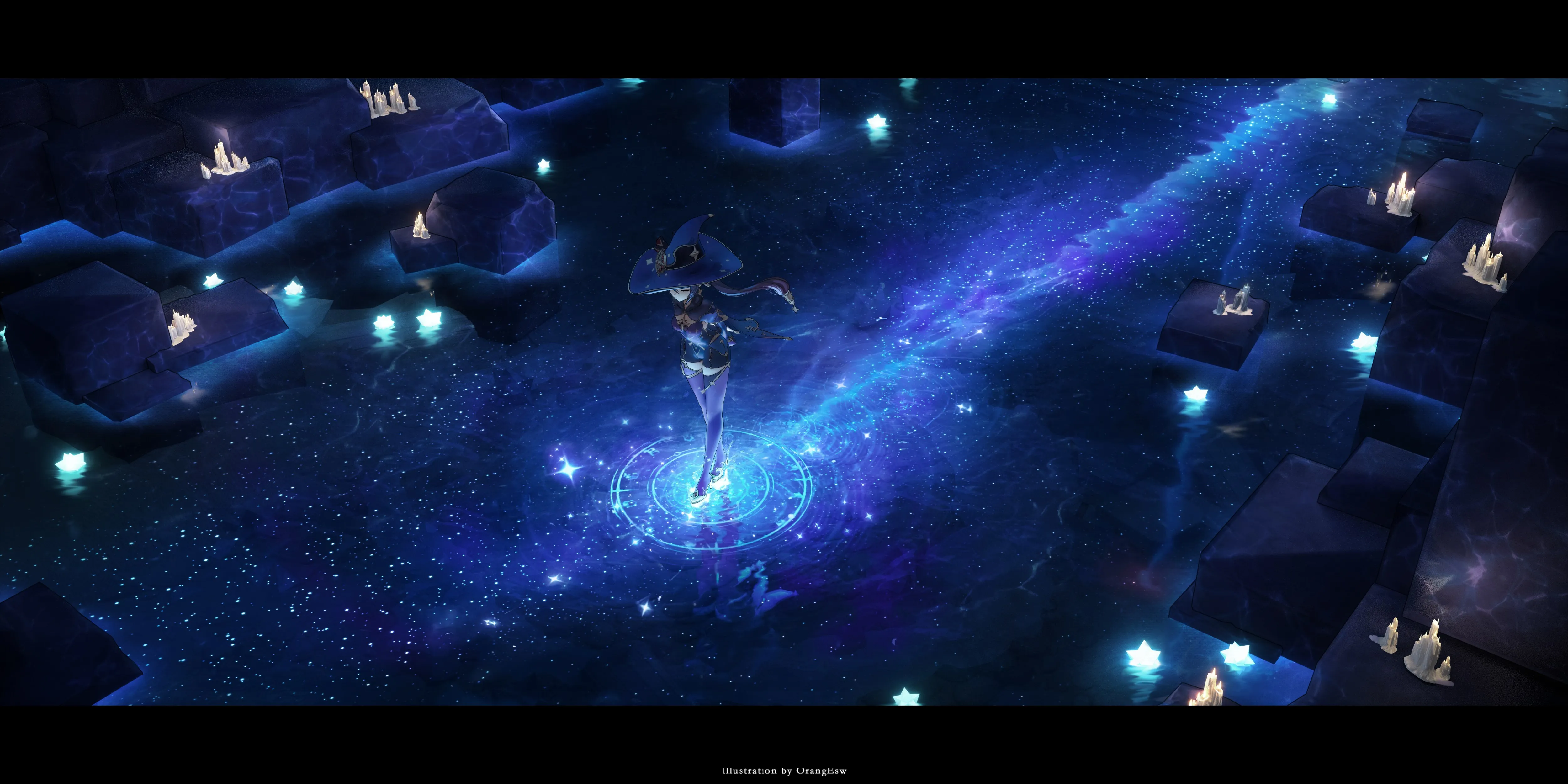 女巫 原神 图片 动漫女孩 女巫服装 水 倒影 星夜 电脑壁纸 4K壁纸