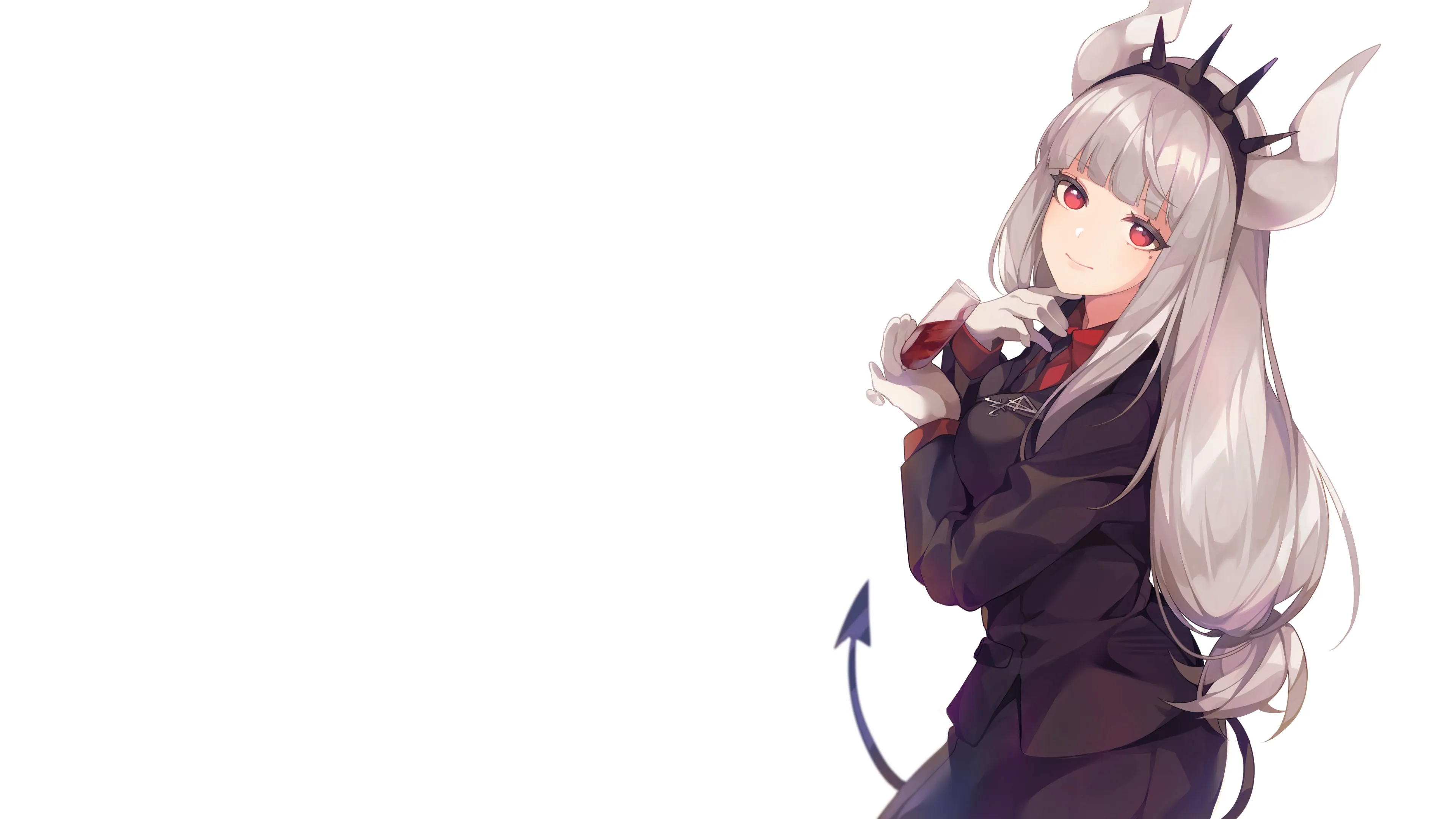 恶魔 女孩 红眼睛 路西法 白色背景 银发 角 尾巴 动漫 动漫女孩 电脑壁纸 4K壁纸