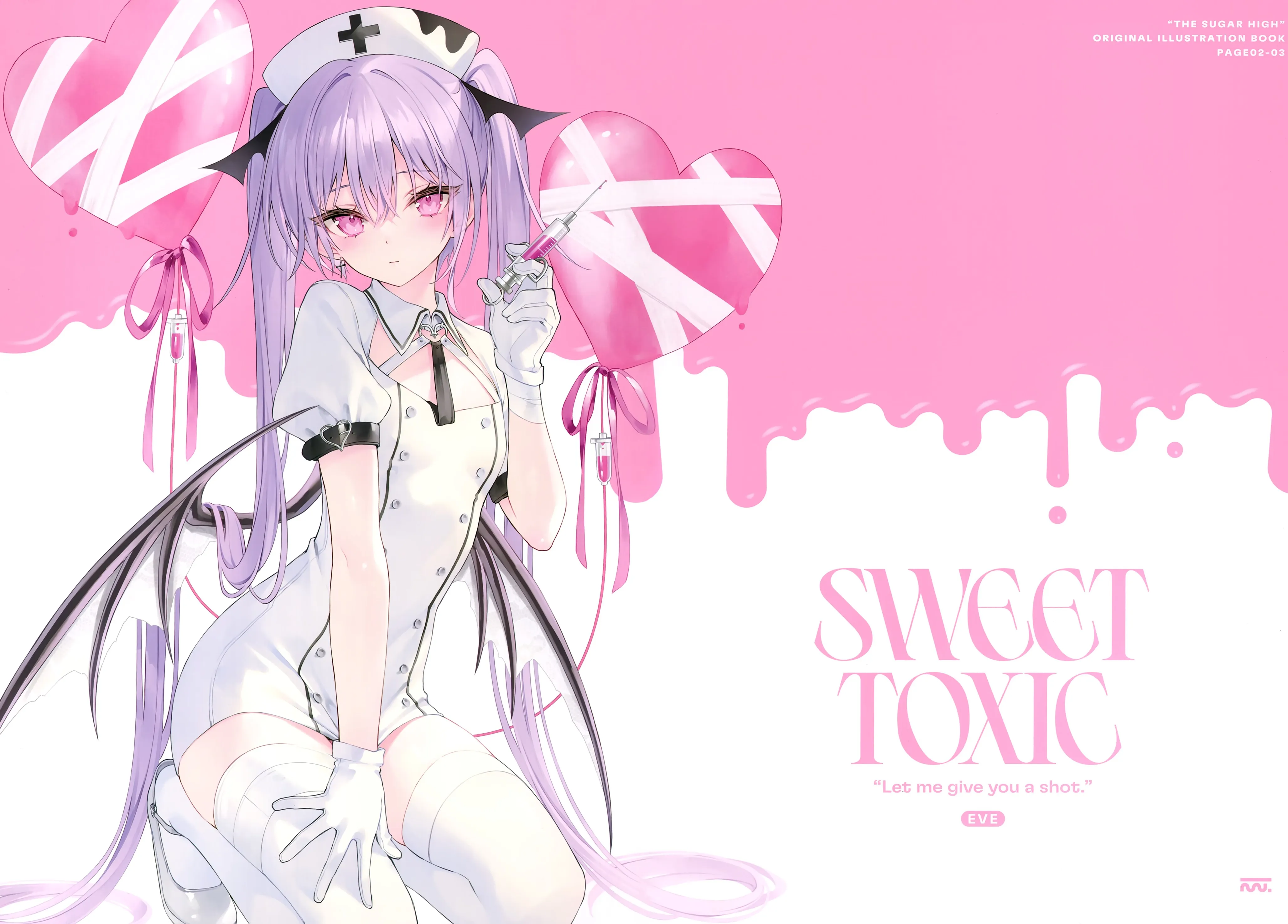 护士 长发 动漫 动漫女孩 针 双尾 简单背景 长袜 手套 翅膀 心脏 耳环 十字架 4K壁纸