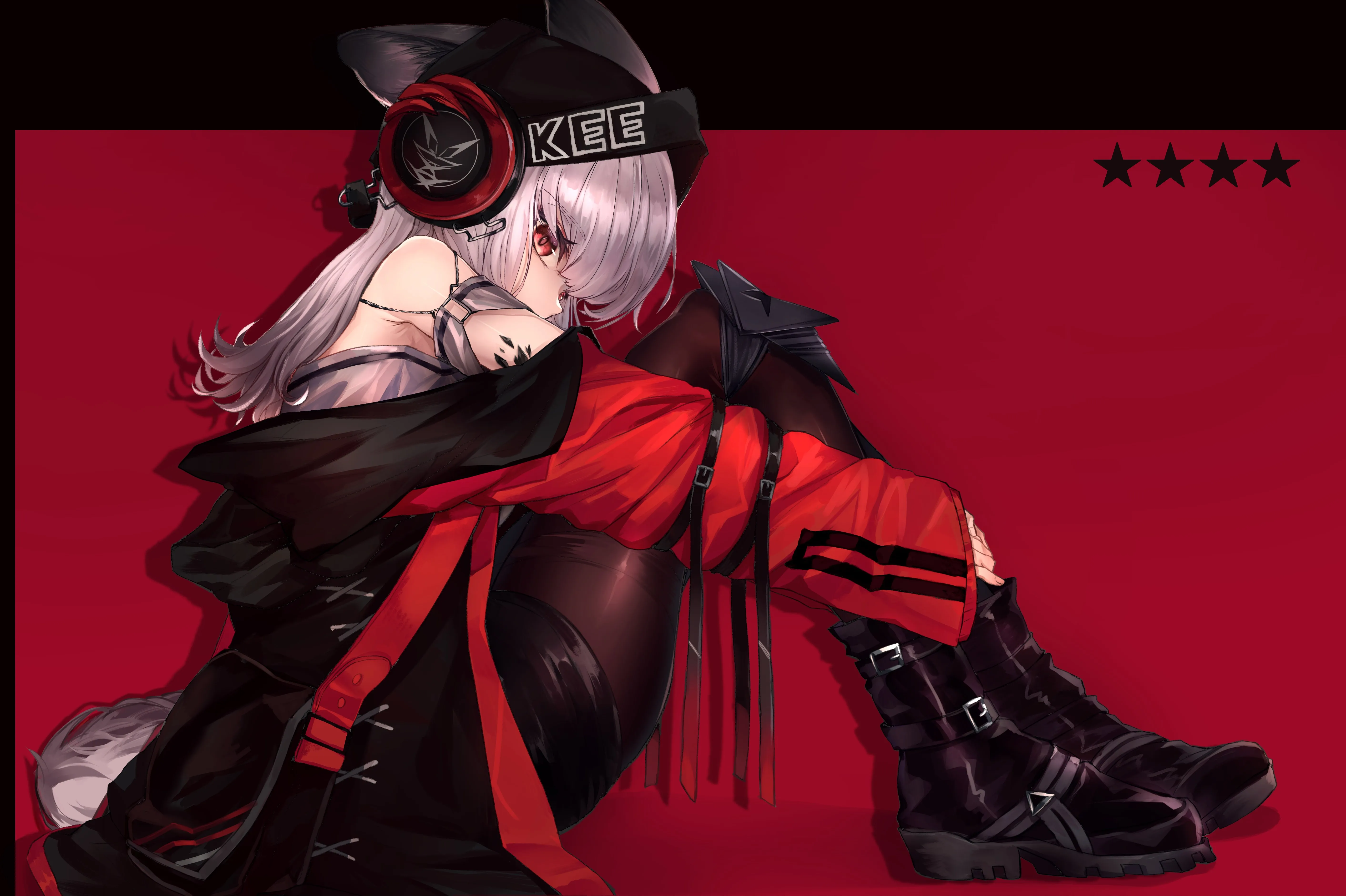 红眼睛 抱膝 动漫 动漫女孩 AI艺术 肖像 红色背景 兽耳 尾巴 耳机 银发 明日方舟 明日方舟 连裤袜 电脑壁纸 4K壁纸