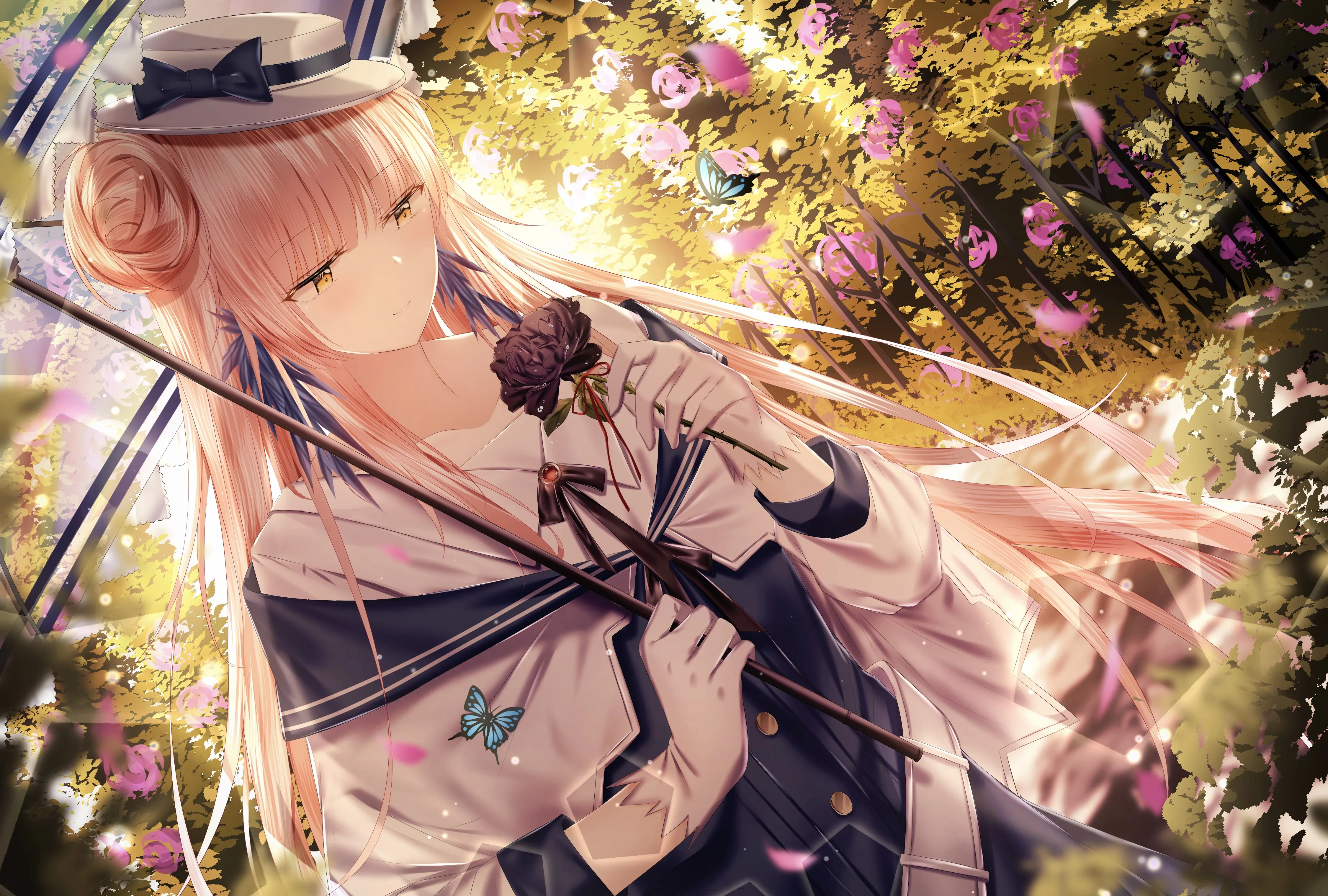 金发 长发 戴帽子的女人 动漫 连衣裙 鲜花 蝴蝶 4K壁纸