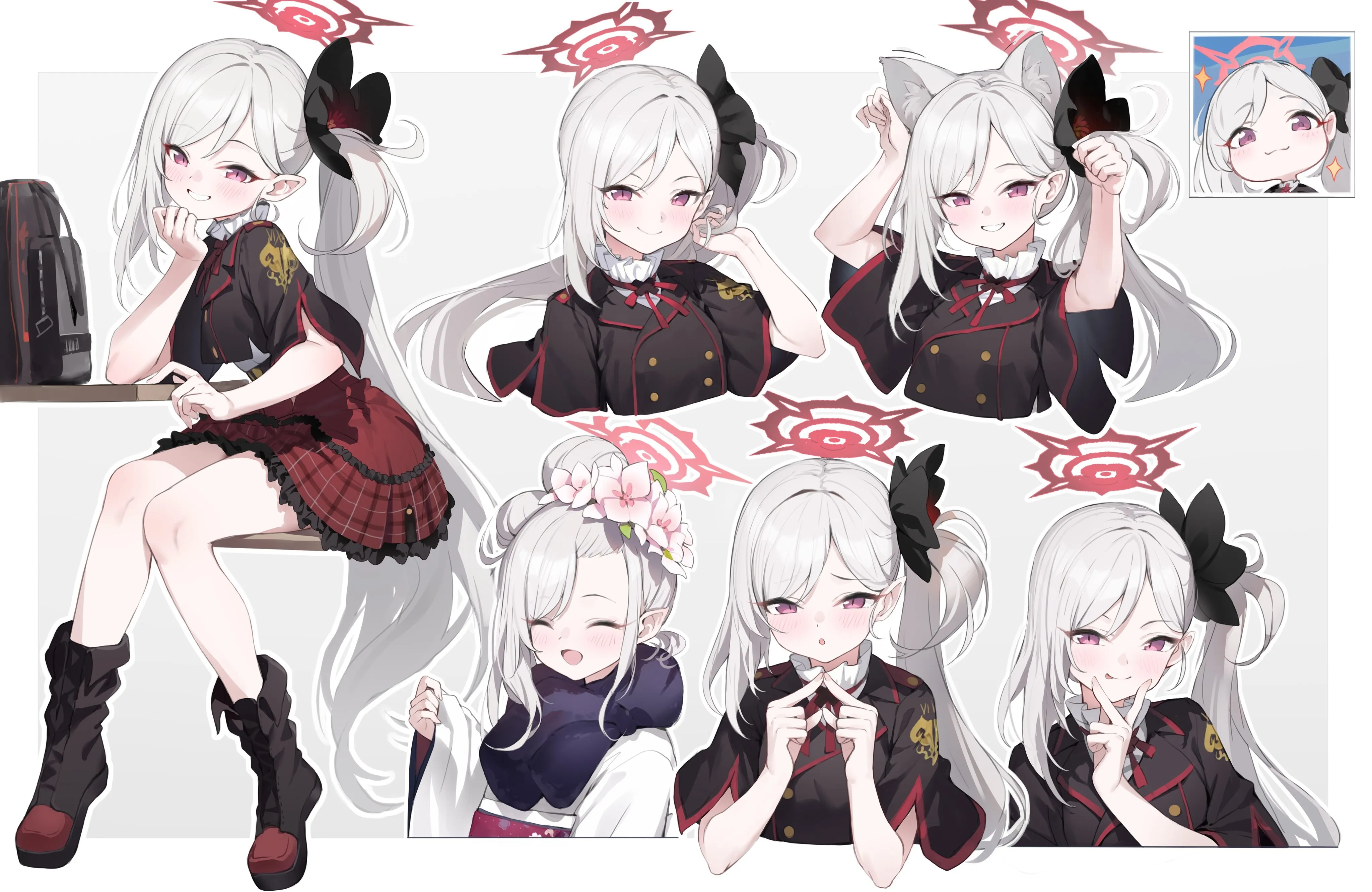 白发 长发 马尾辫 侧马尾 蔚蓝档案 白色背景 动漫女孩 兽耳 制服 4K壁纸