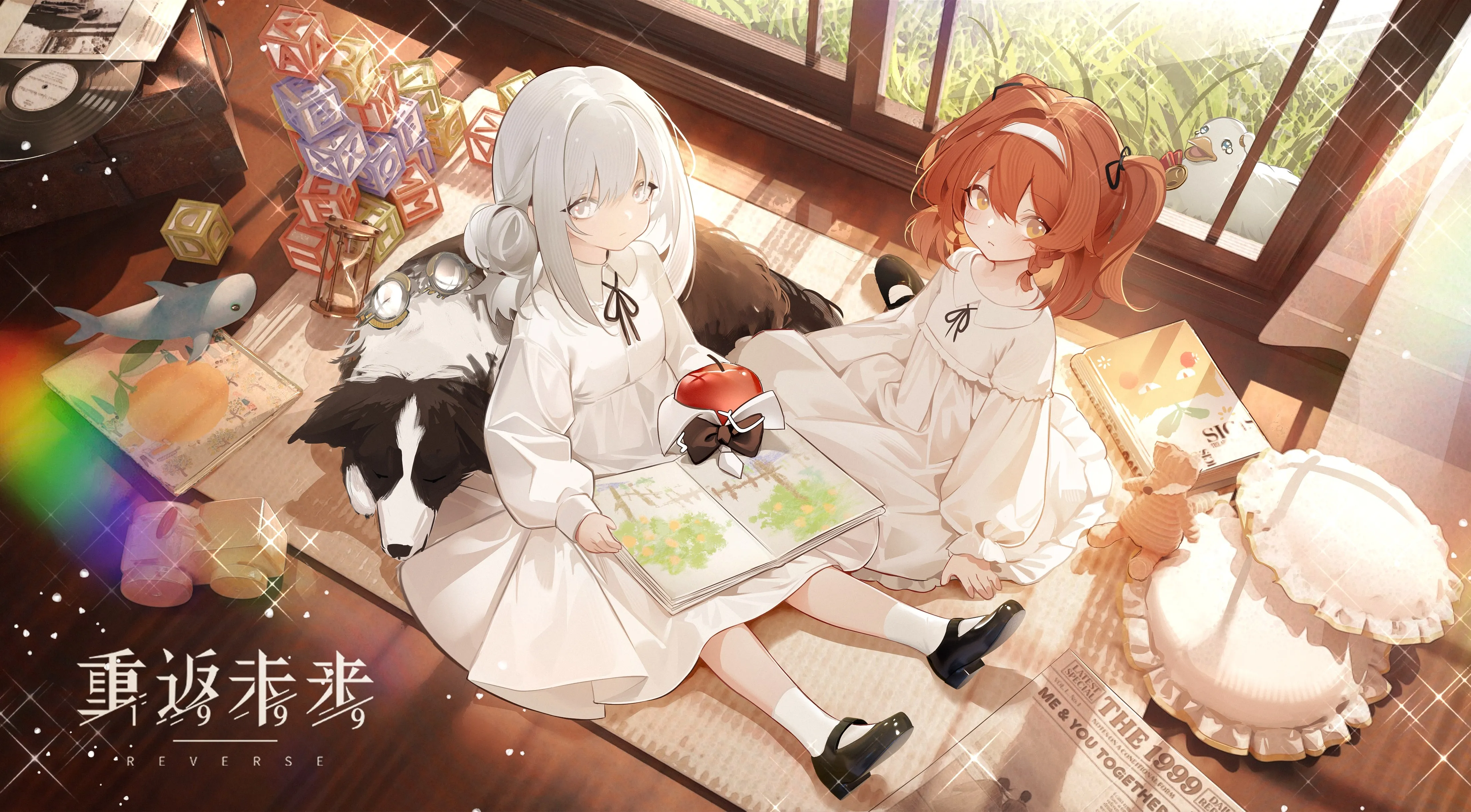 坐着 孩子 动漫 动漫女孩 玩具 领结 苹果 水果 狗 动物 草 光盘 毛绒玩具 萝莉 4K壁纸