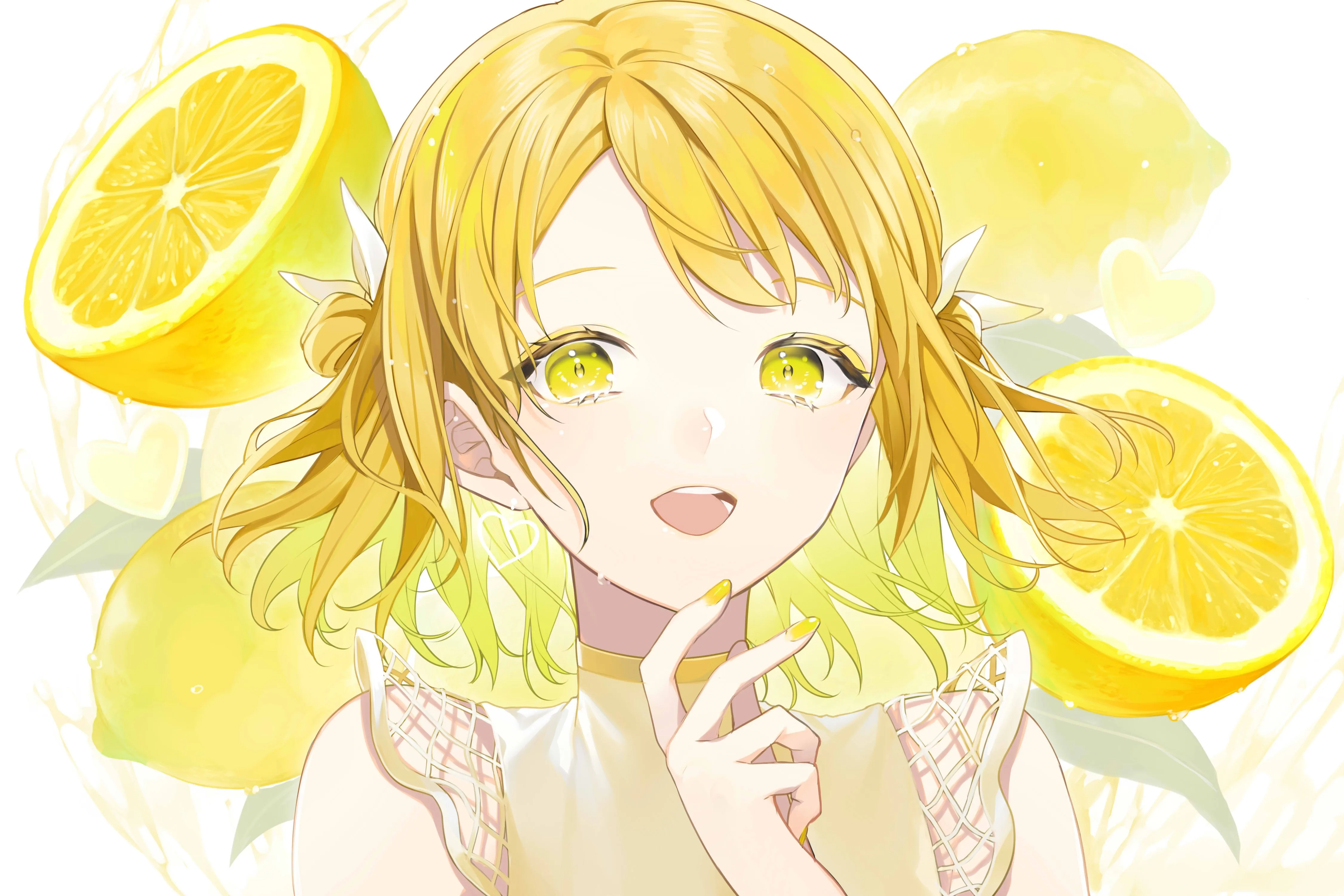 微笑 双手 金发 动漫 动漫女孩 黄眼睛 柠檬 4K壁纸