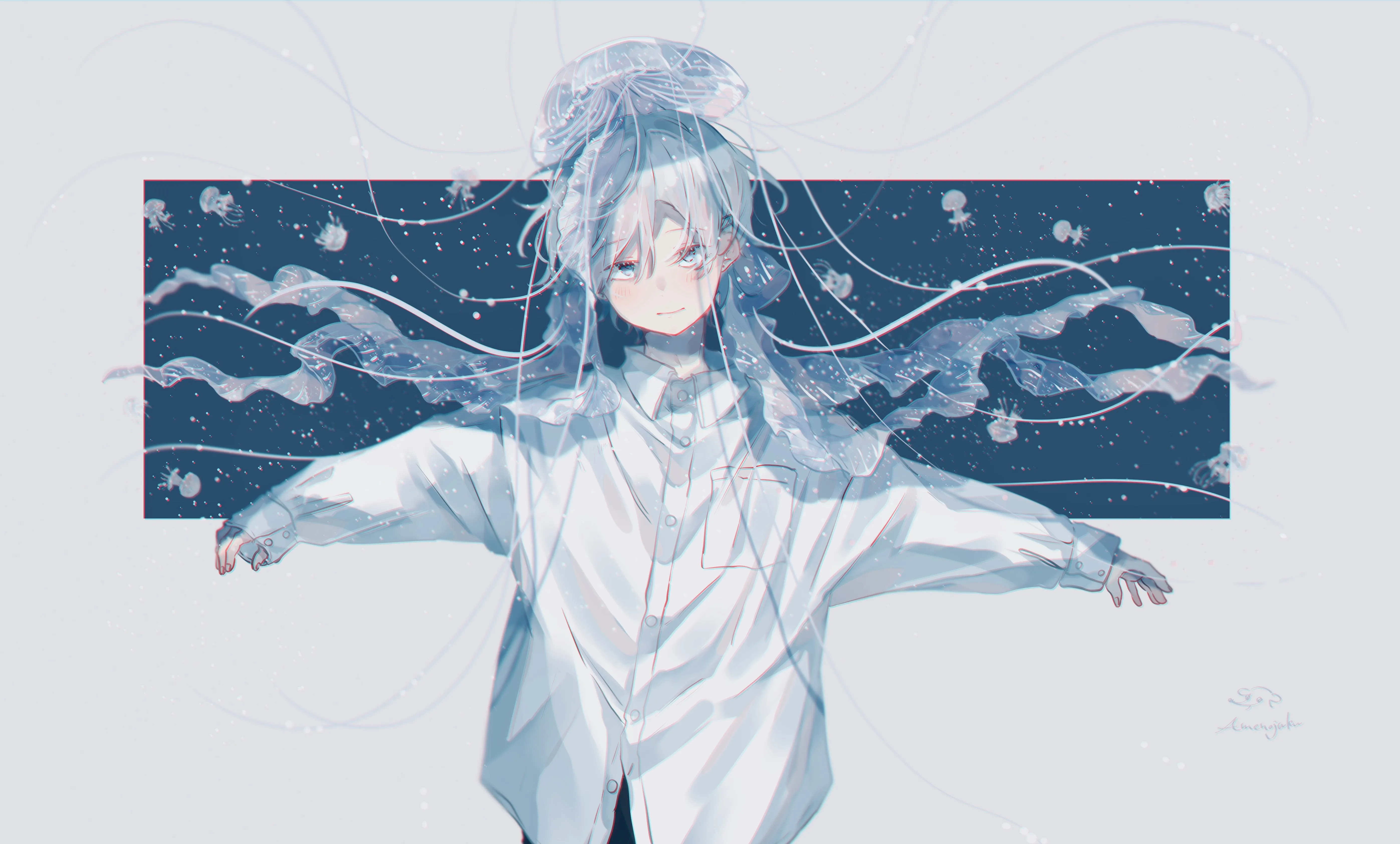 雨天 动漫 动漫男孩 水母 女孩 4K壁纸