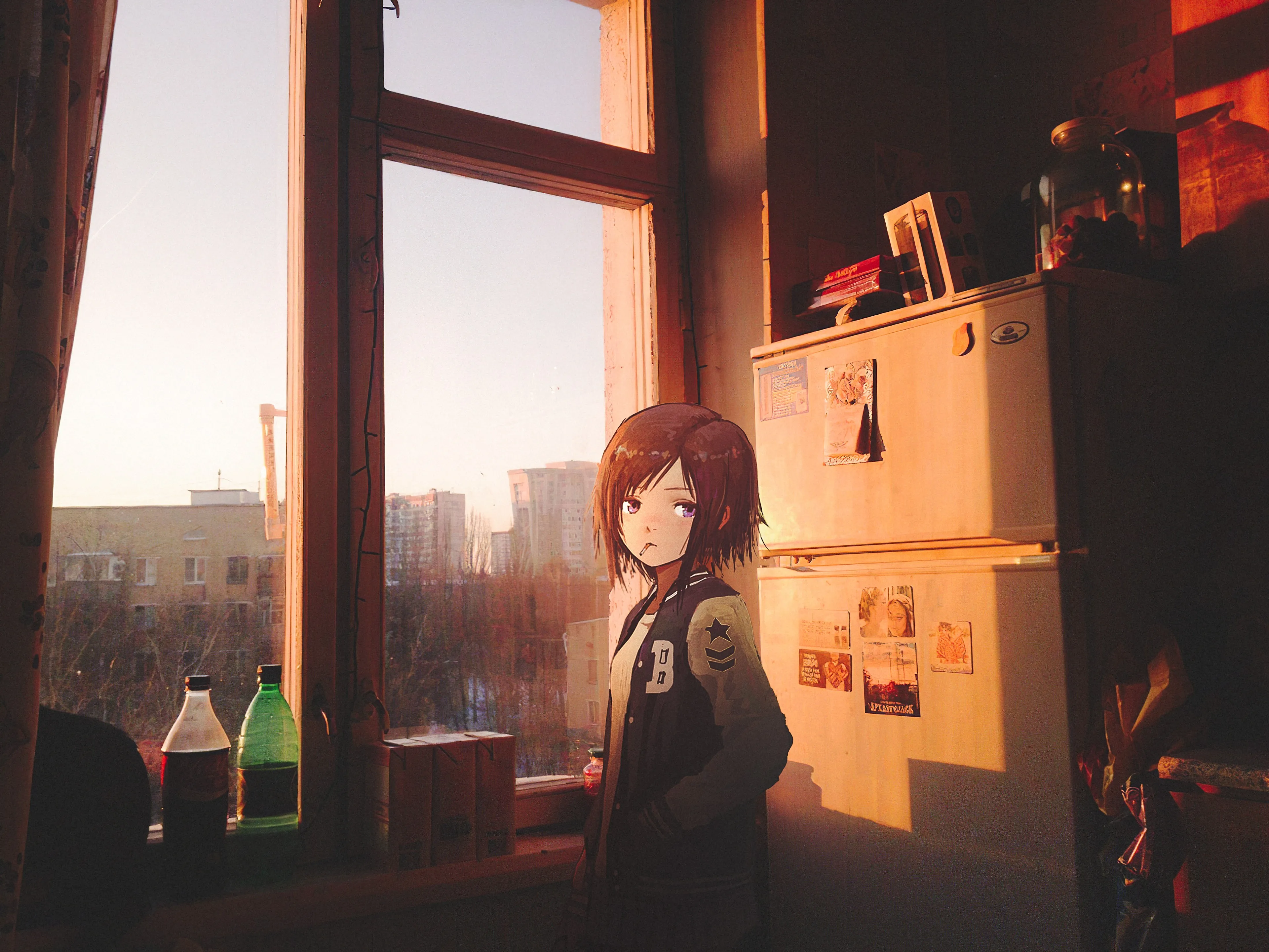 动漫 动漫女孩 房间 冰箱 瓶子 4K壁纸