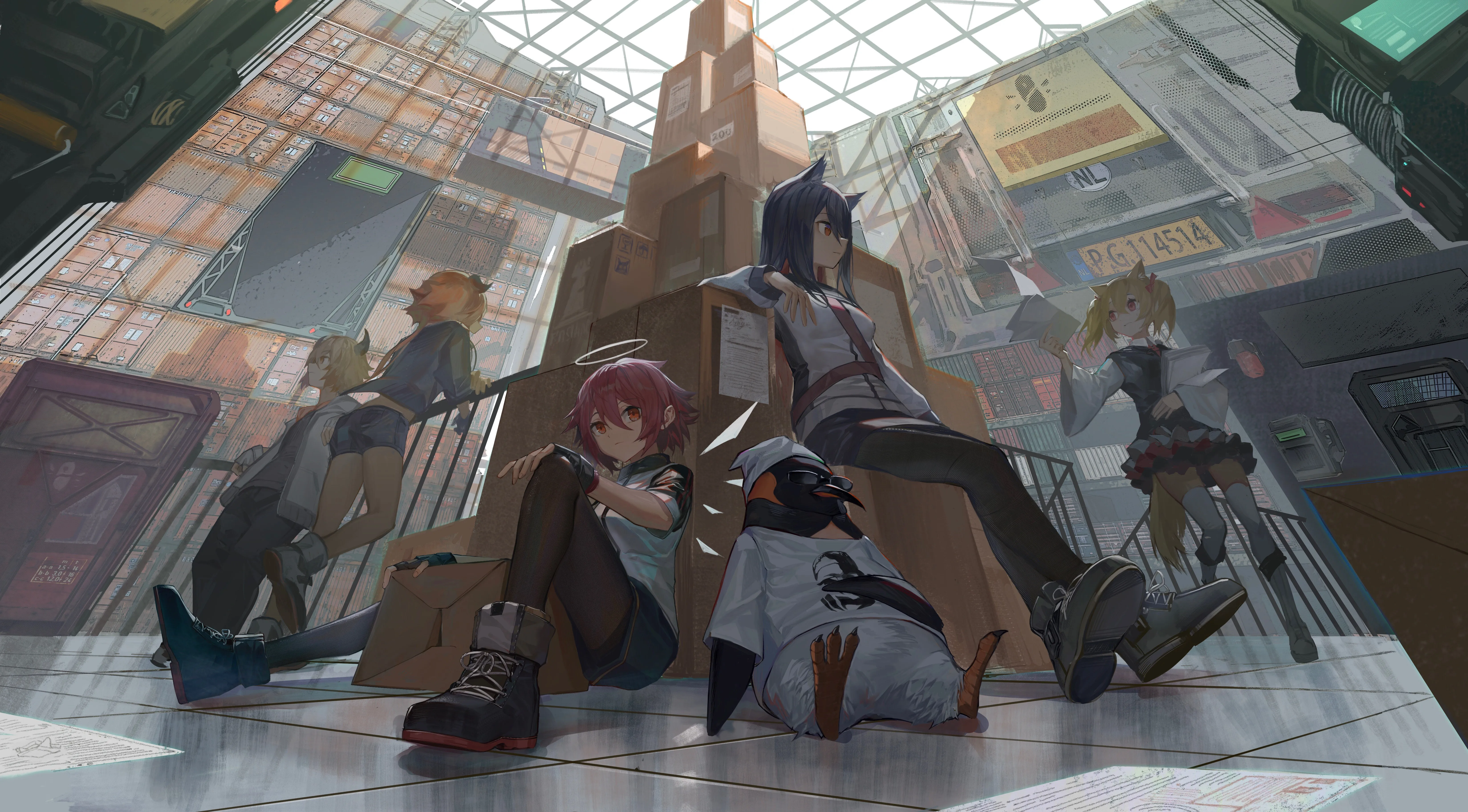 红发 坐着 红眼 动漫游戏 动漫 女孩 动物眼 企鹅 茶 4K壁纸