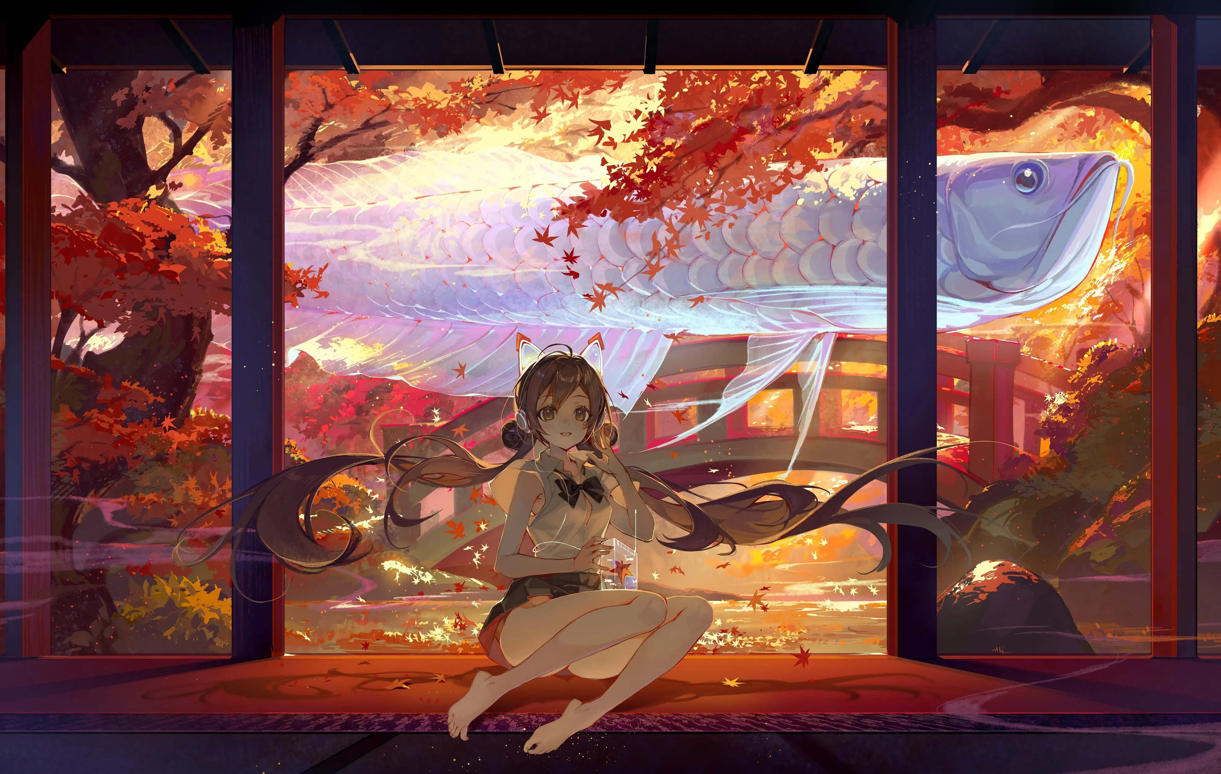 长发 深色头发 动漫 女孩 鱼 棕色眼睛 树叶 4K壁纸