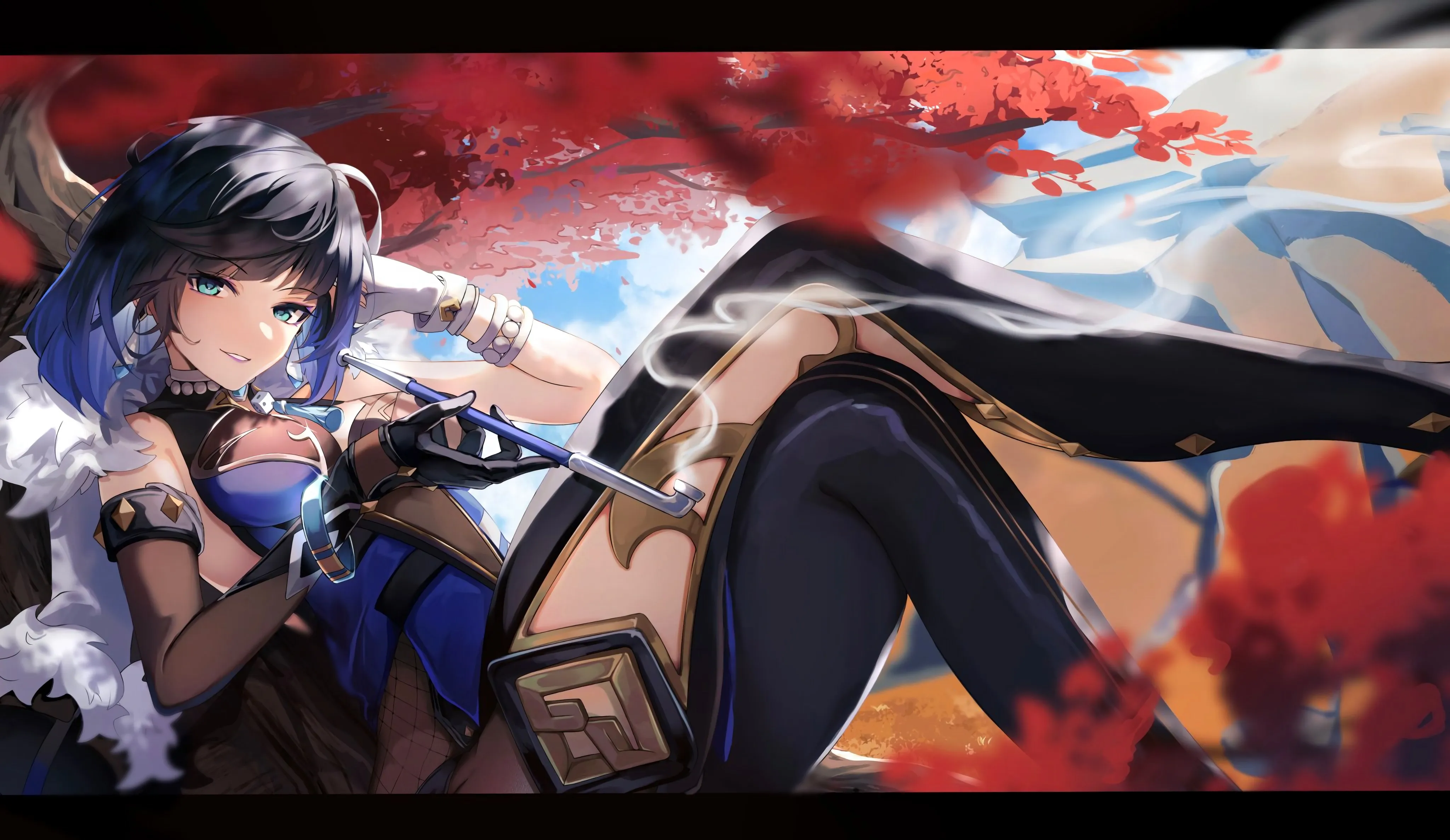 双腿 短发 蓝头发 蓝眼睛 微笑 原神 动漫 女孩 烟 花瓣 耳环 云 4K壁纸