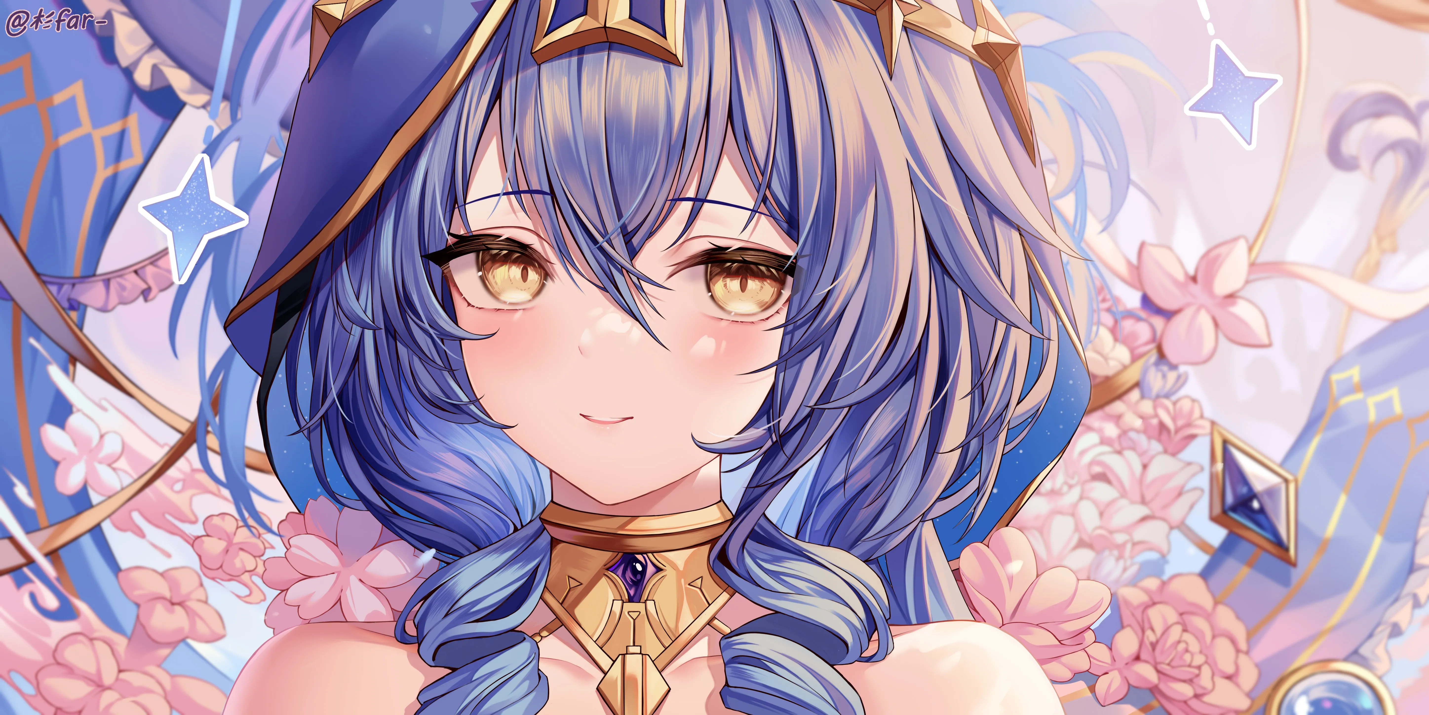 蕾拉 原神 蓝头发 动漫 女孩 黄眼睛 鲜花 4K壁纸