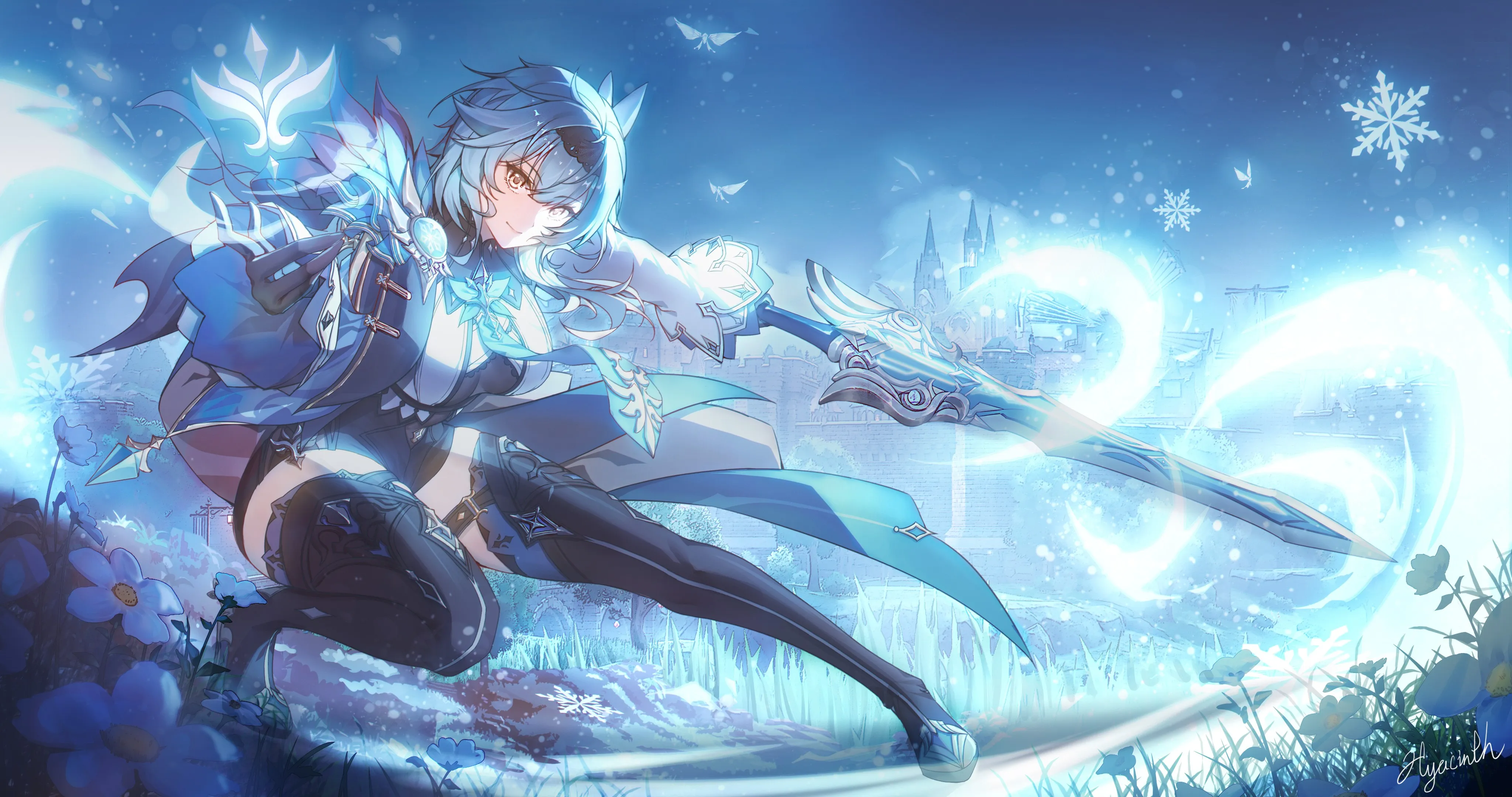 蓝色头发 短发 微笑 长发 动漫 女孩 尤拉 原神 游戏CG 黄眼睛 雪花 花 4K壁纸