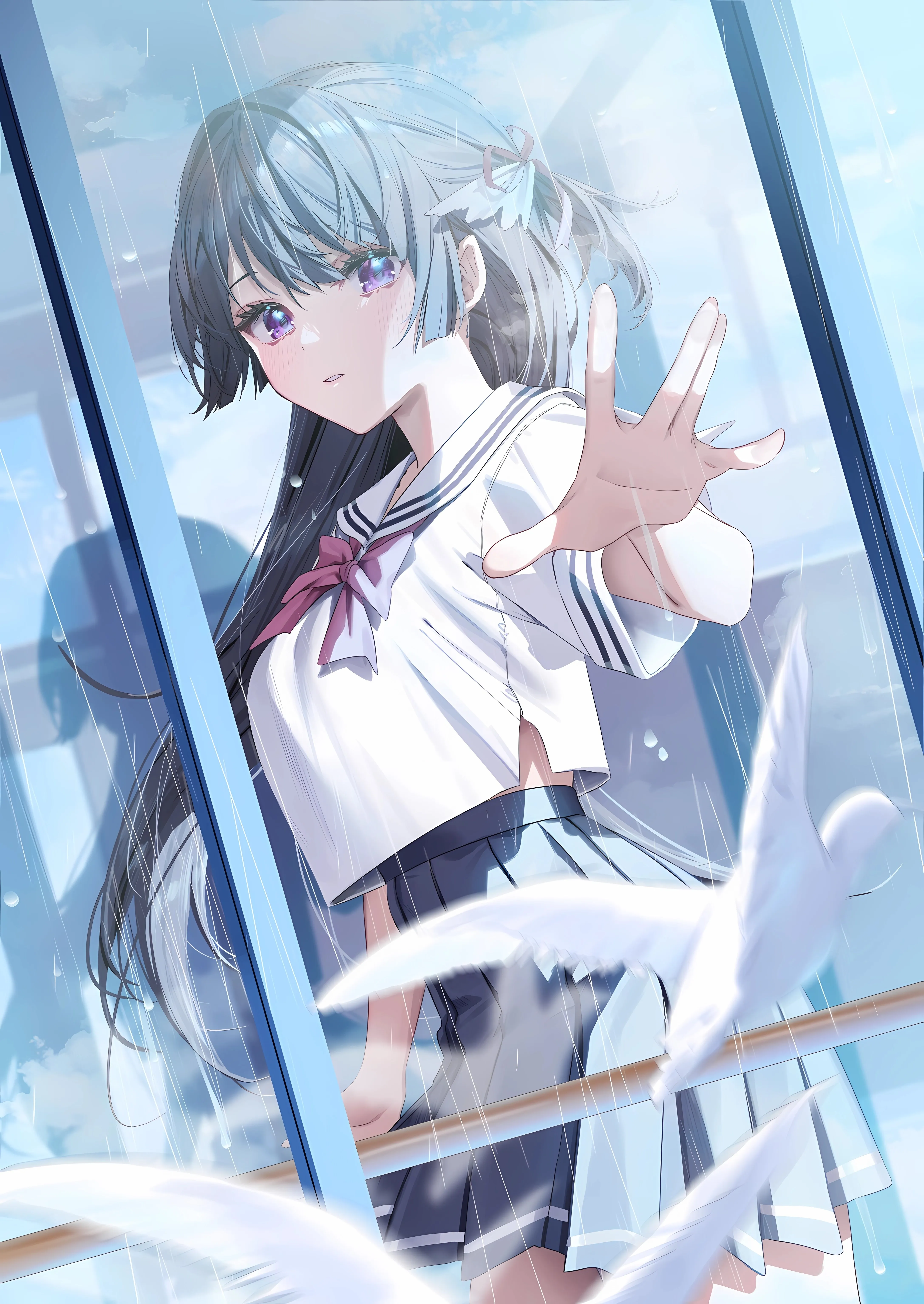 女学生 长发 站立 动漫 女孩 校服 小鸟 阳光 倒影 手机壁纸 4K壁纸