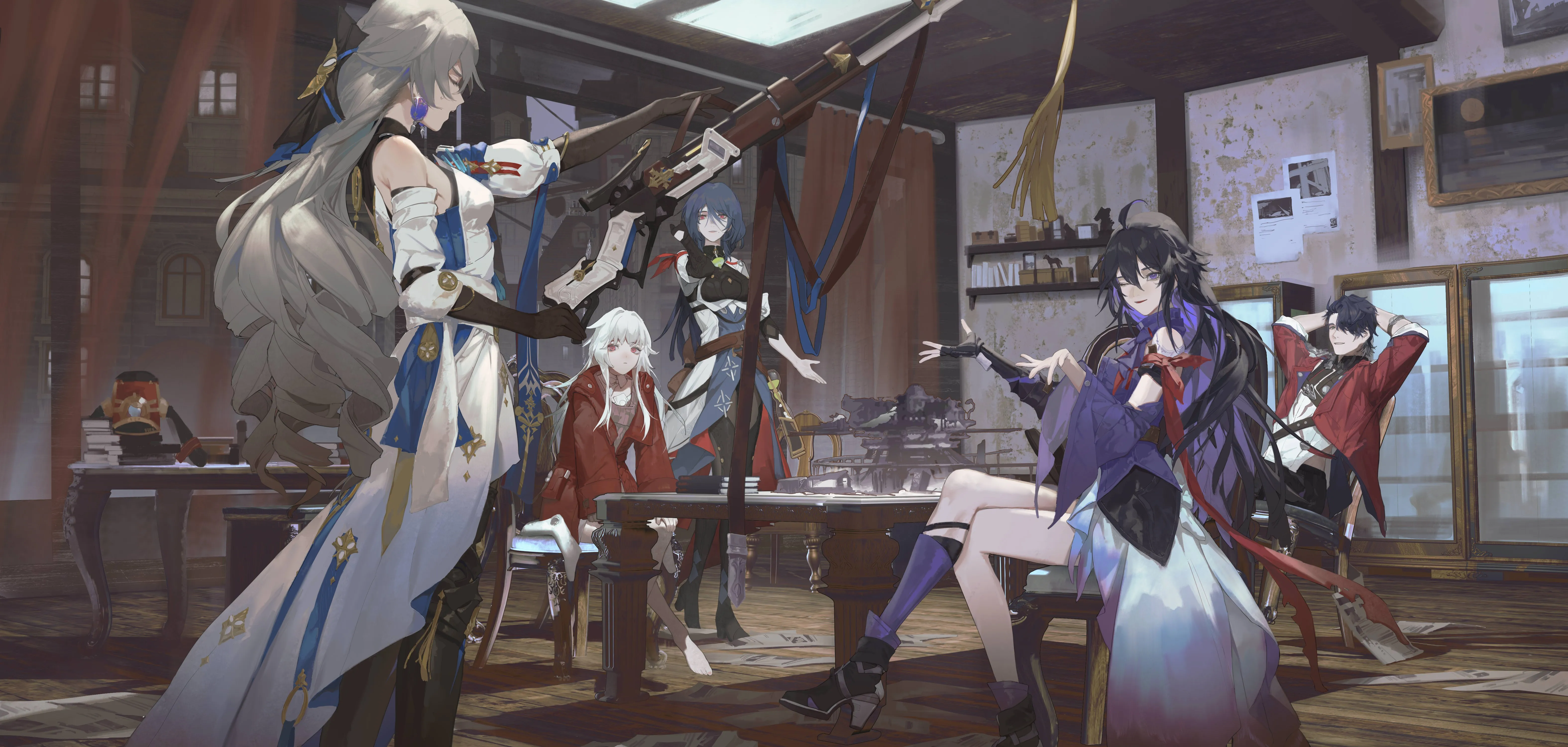 枪 女孩 动漫 两色头发 男孩 4K壁纸