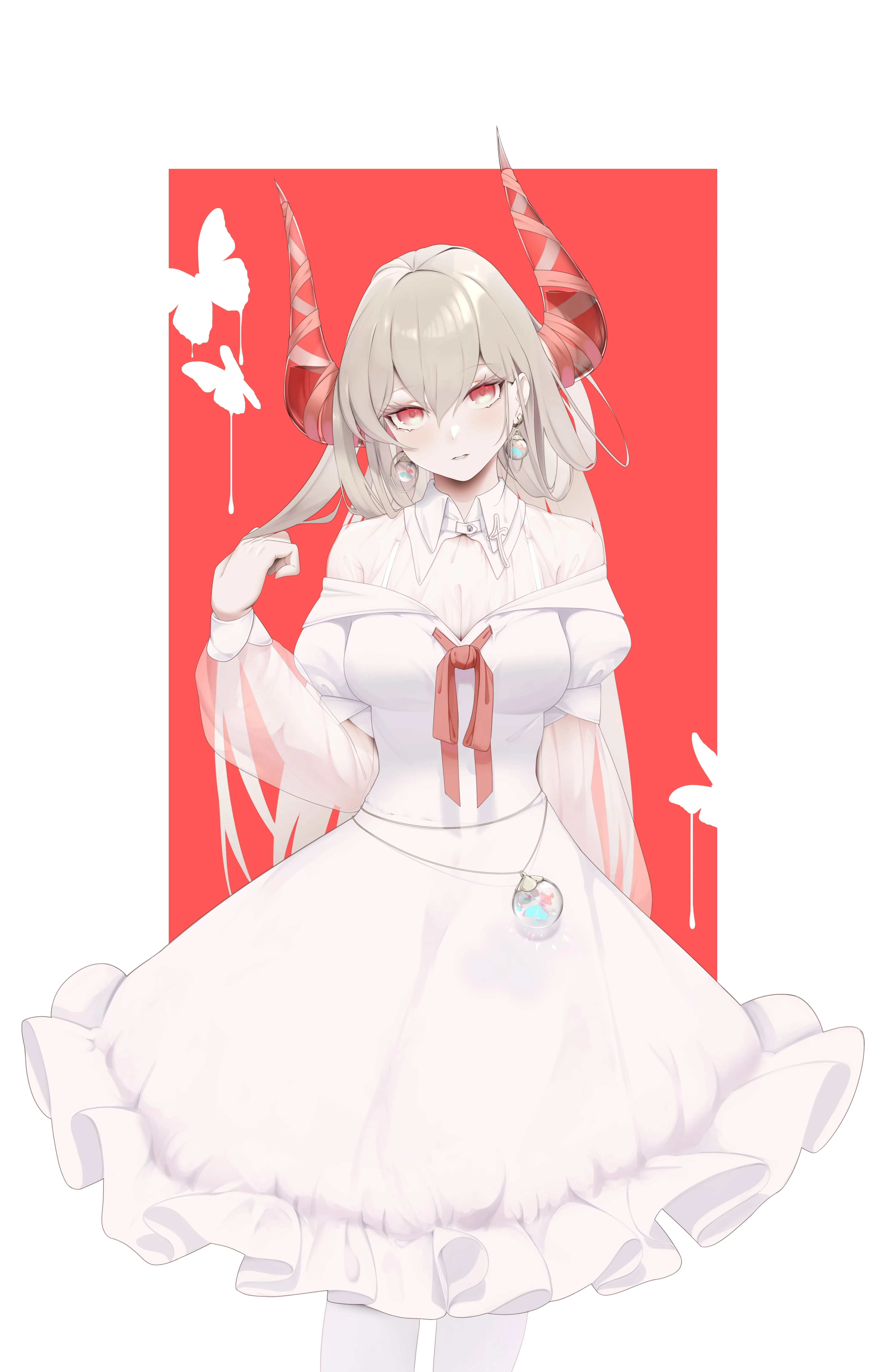 原创 人物 红眼睛 动漫 女孩 角 灰色头发 连衣裙 手机壁纸 4K壁纸