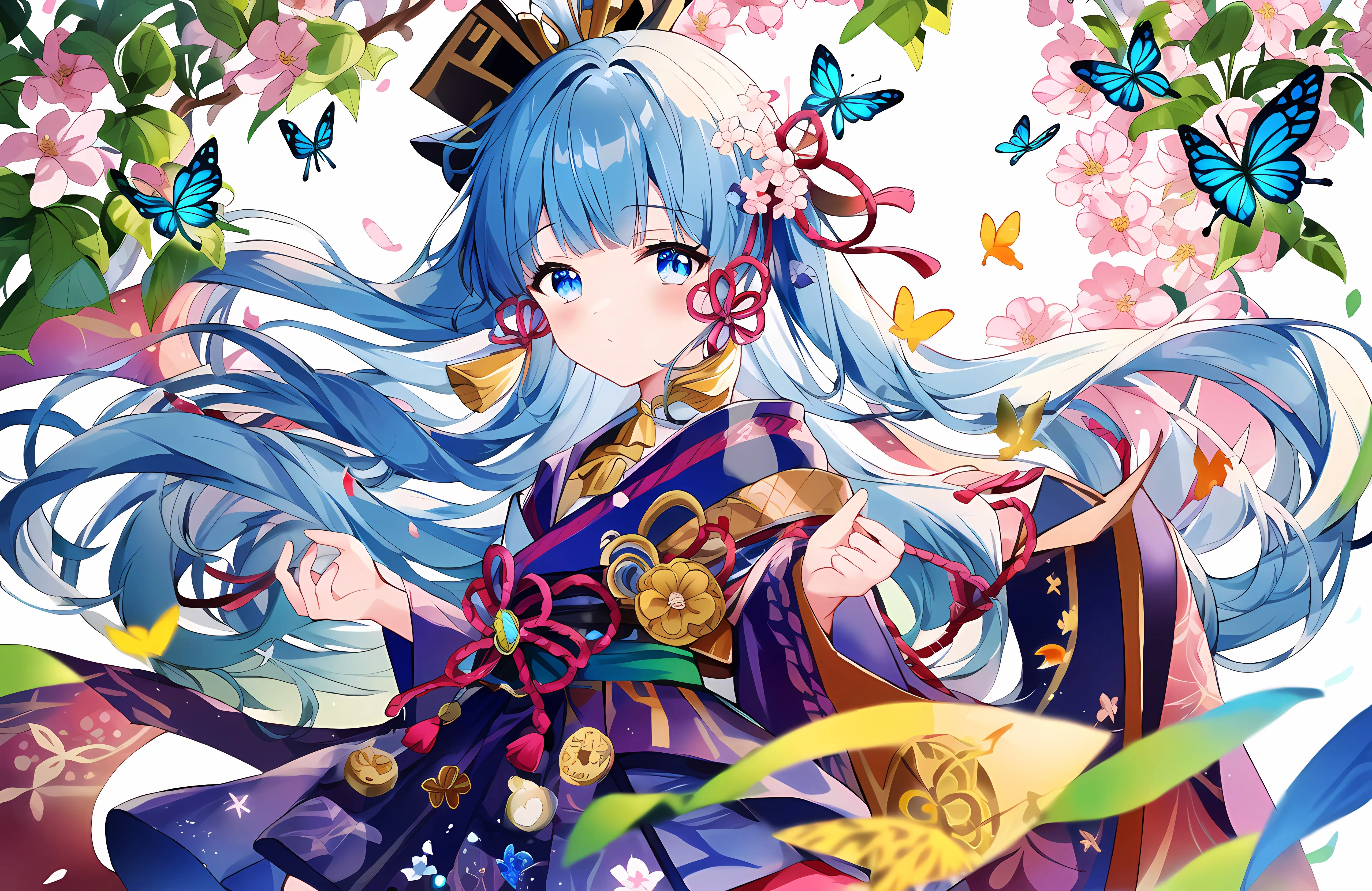 蓝头发 蓝眼睛 长发 动漫 女孩 原神 蝴蝶 鲜花 和服 花瓣 五颜六色 4K壁纸