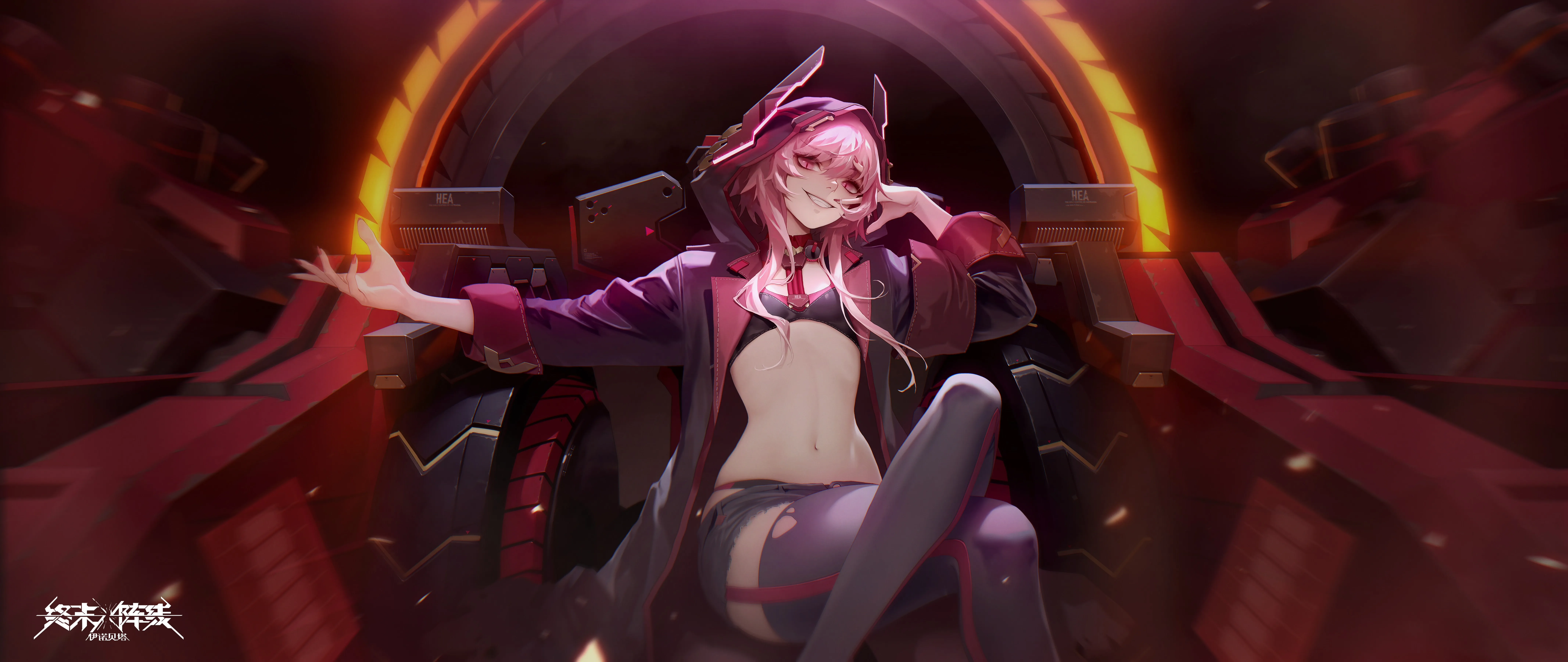 粉色头发 长发 粉色眼睛 最终战线 游戏CG 动漫 女孩 绘画 短裤 AI艺术 8K壁纸