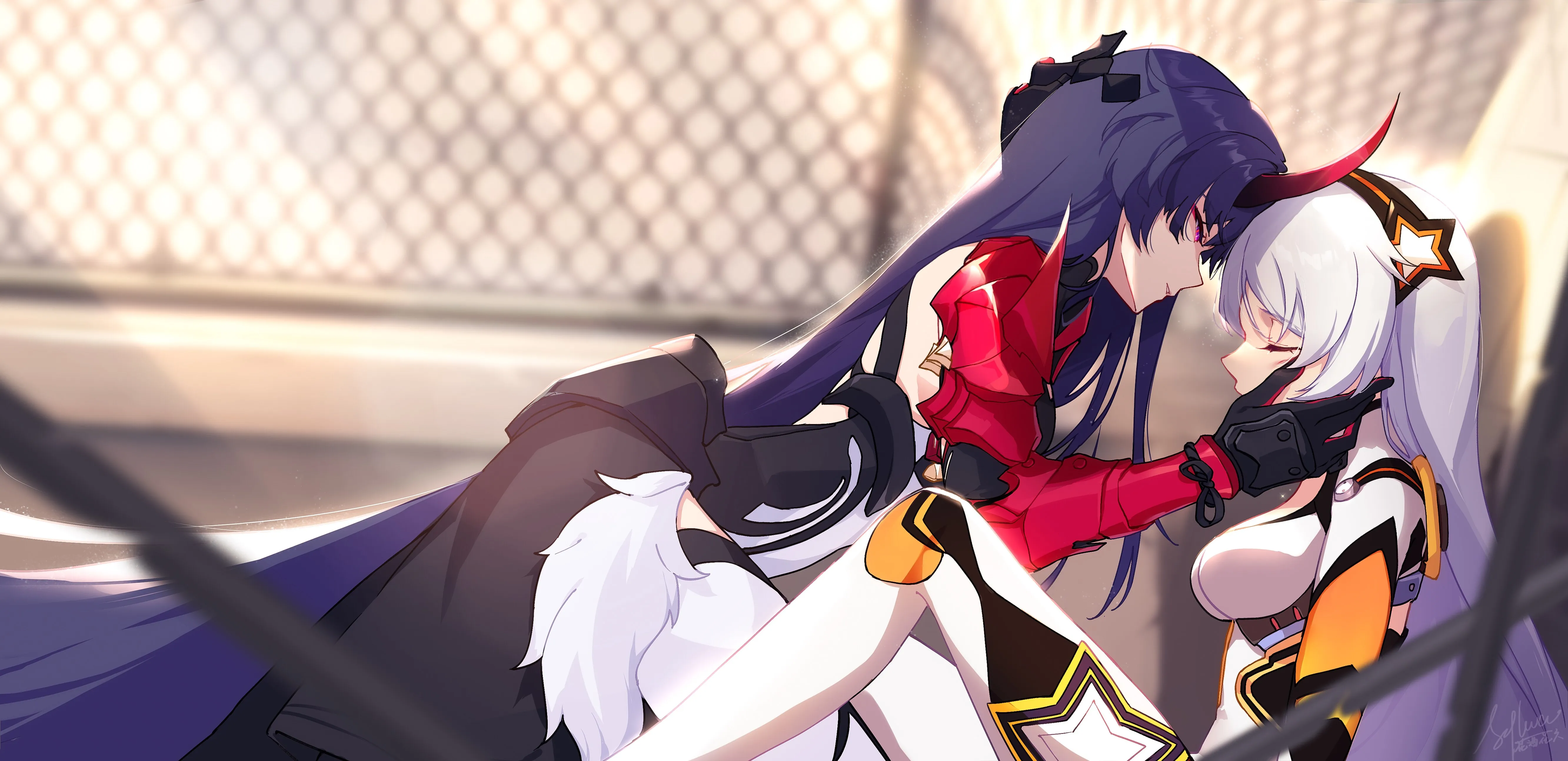 深色头发 弯腰 动漫 女孩 AI艺术 喇叭 银发 紧身衣 4K壁纸