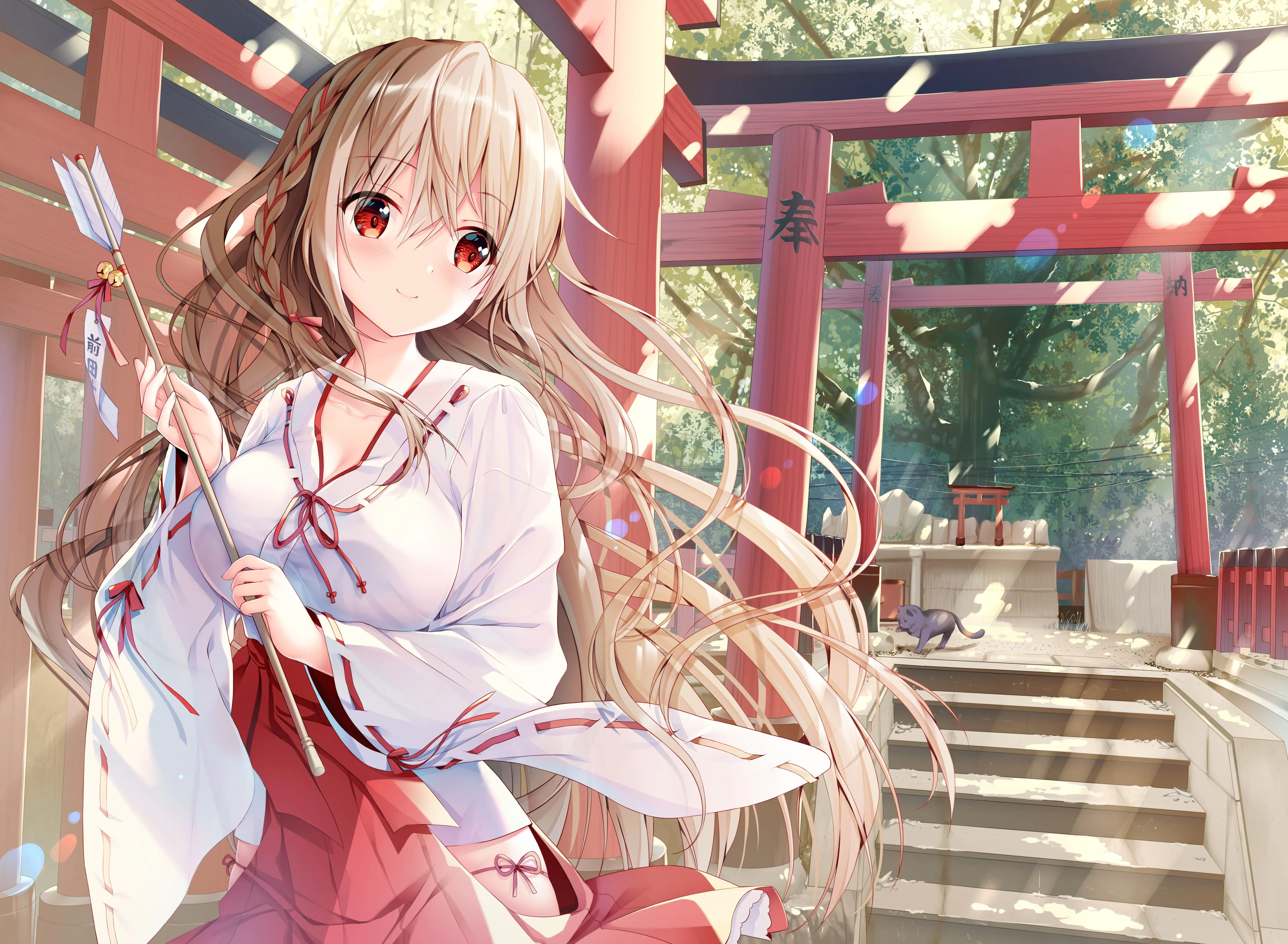 金发 红眼睛 长发 辫子 动漫 女孩 鸟居 猫 箭头 楼梯 4K壁纸