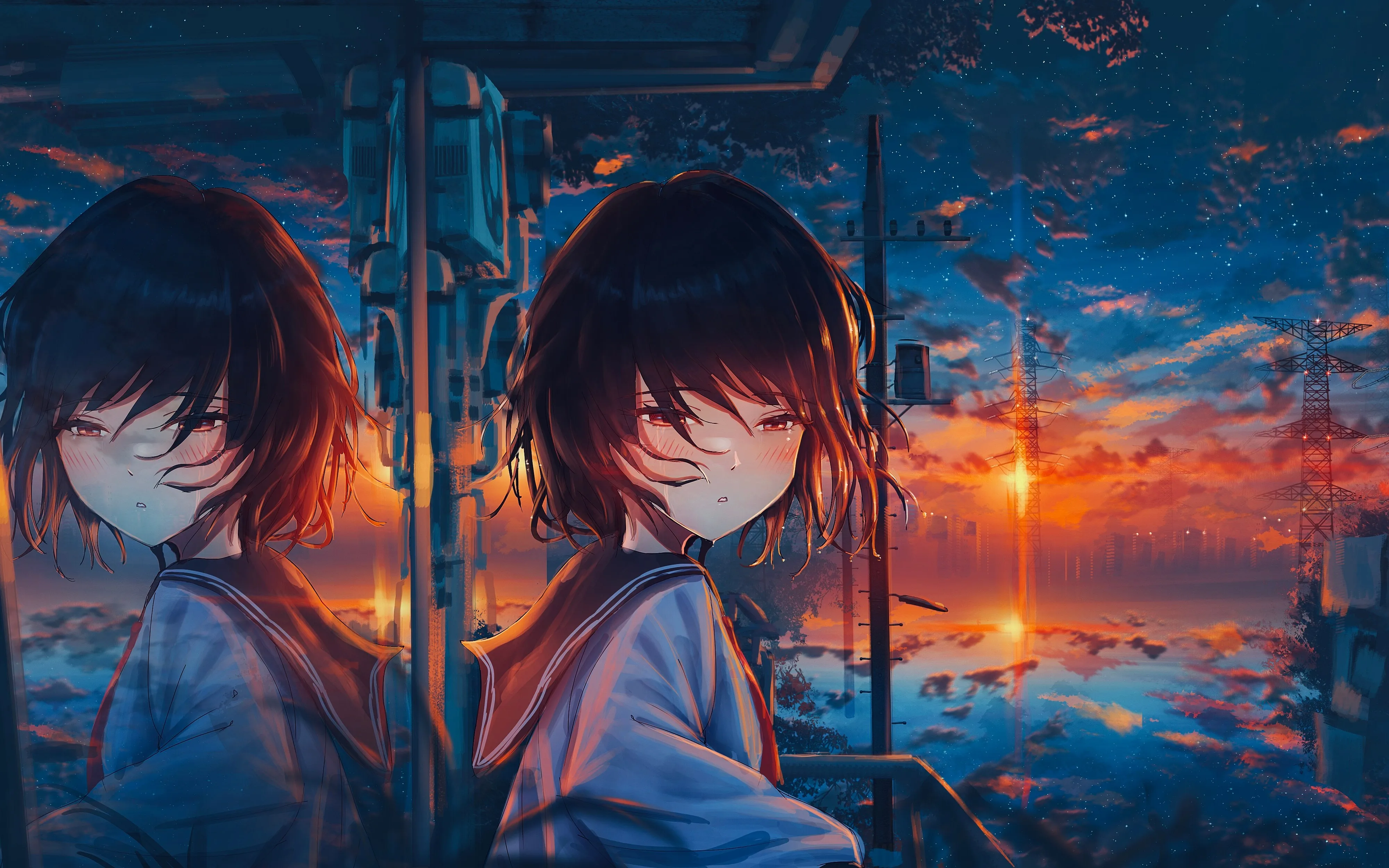 原创 人物 黑发 女学生 眼泪 短发 动漫 女孩 天空 城市 棕色眼睛 校服 云 夕阳辉光 日落 倒影 建筑 电线杆 星星 星夜 哭泣 窗户 4K壁纸