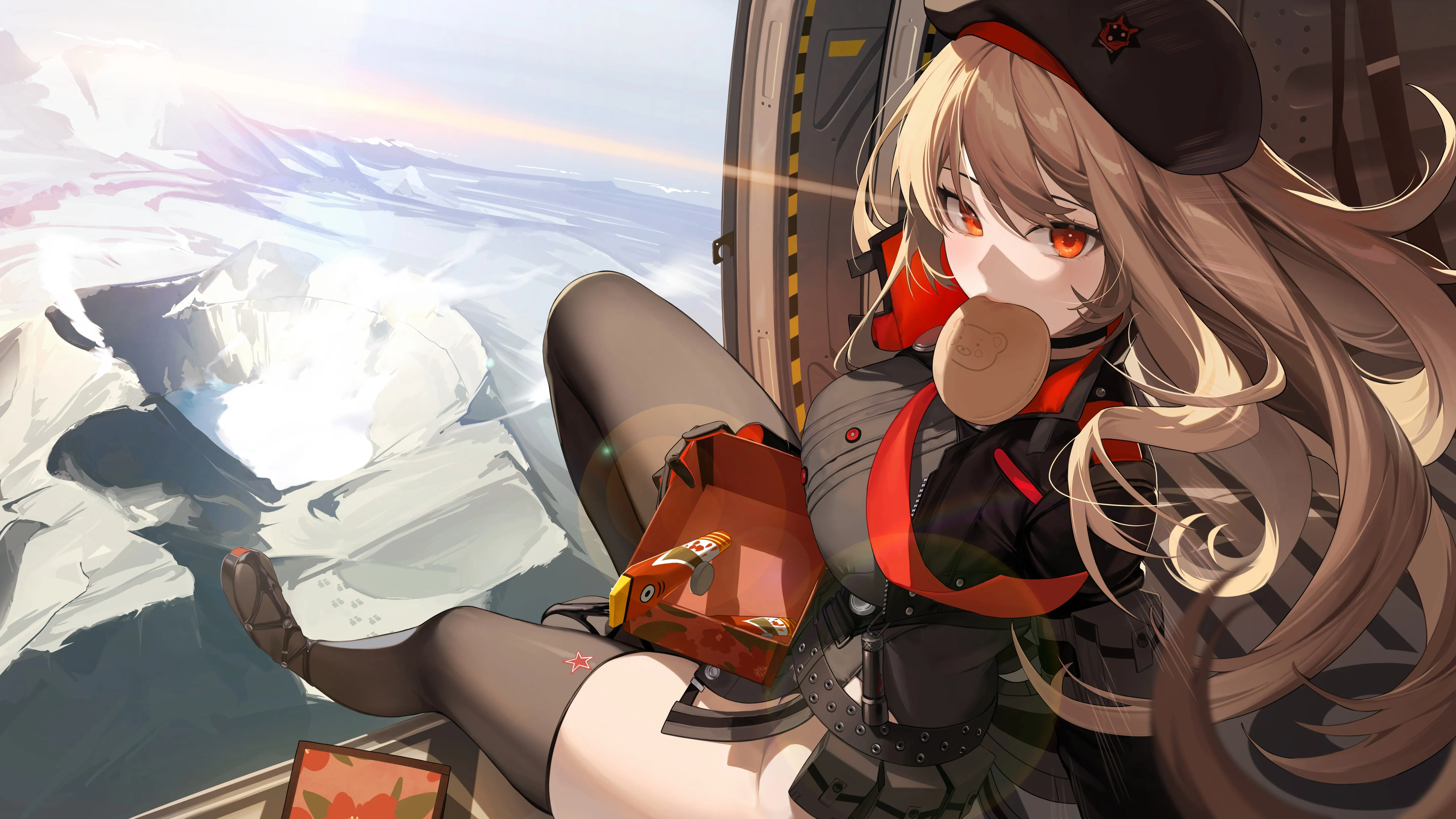 红眼睛 金发 动漫 女孩 帽子 面包 食物 长袜 日经 胜利女神 4K壁纸