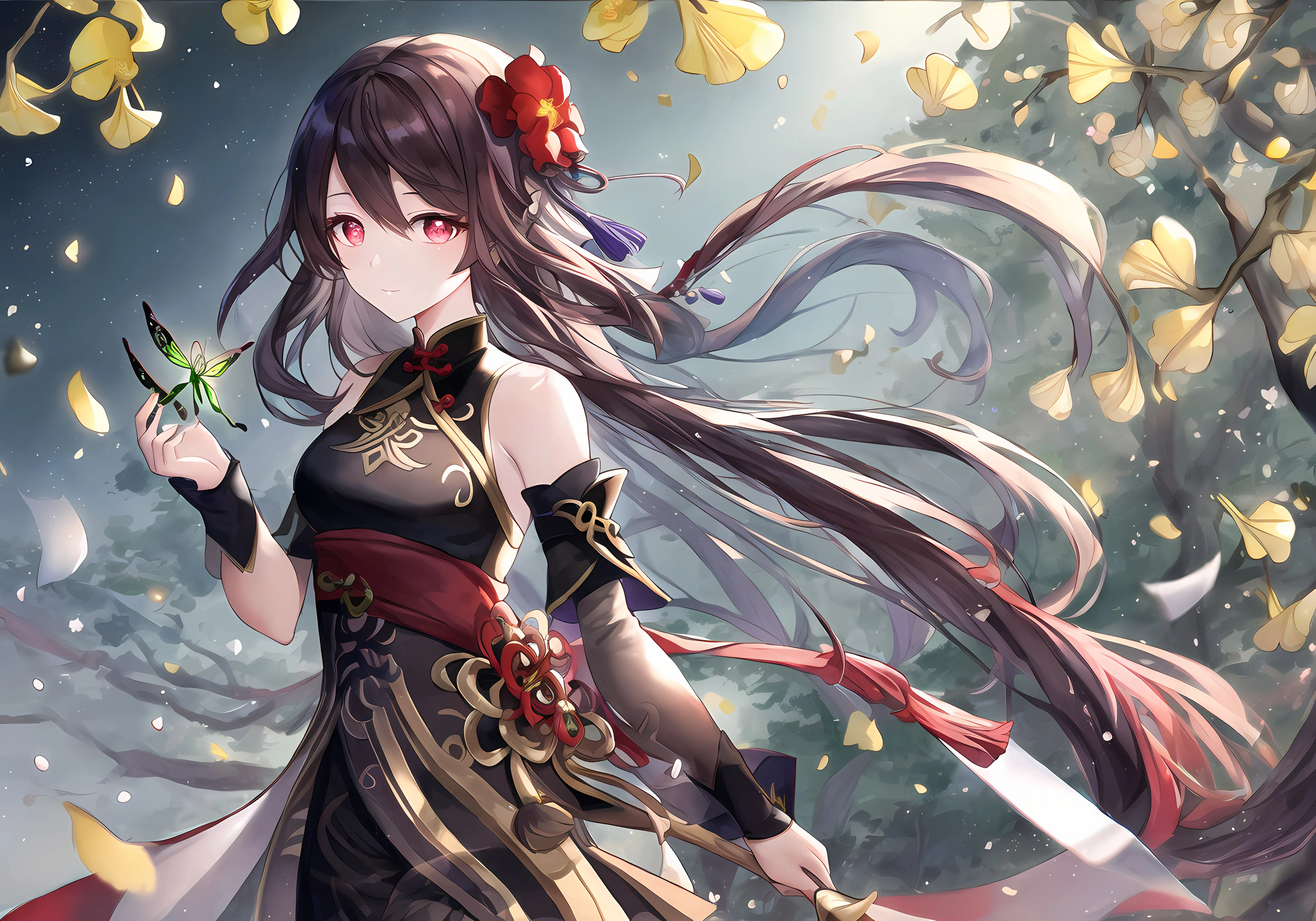 深色头发 红色眼睛 长发 动漫 女孩 人工智能 花瓣 鲜花 4K壁纸