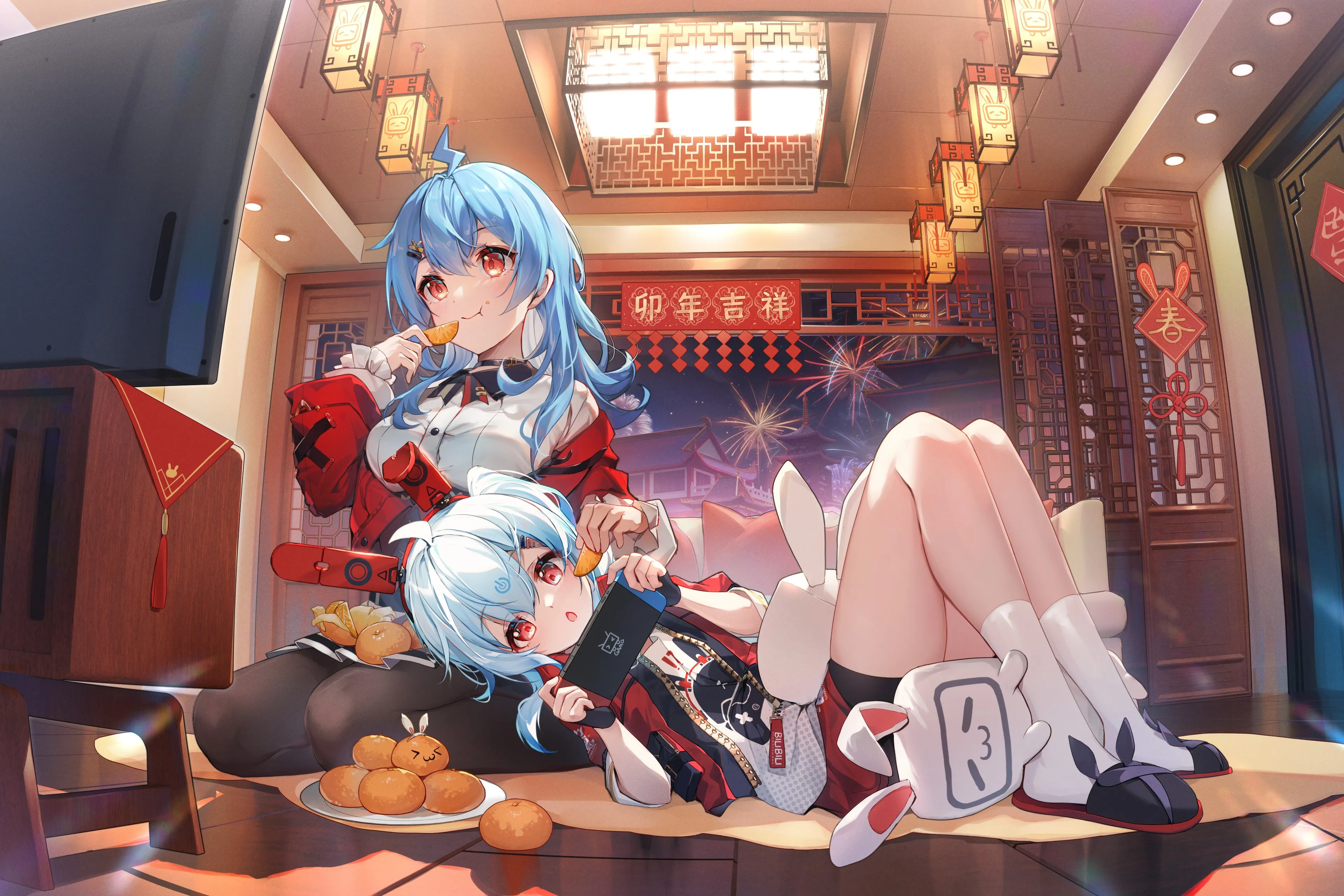 女孩 兔耳朵 烟花 新年 动漫 女孩 橙子 水果 吃 耳机 2233娘 22娘 33娘 4K壁纸