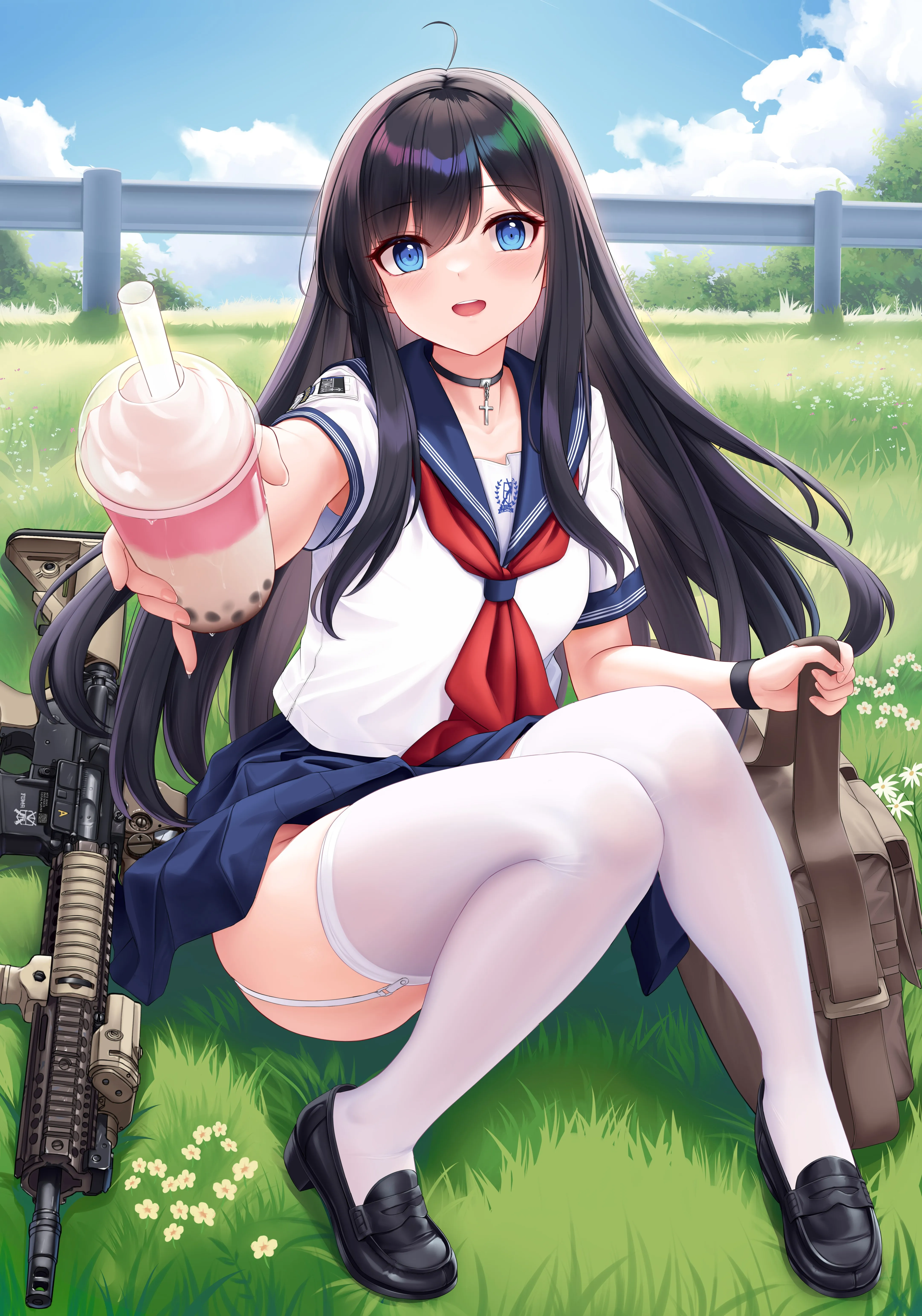 长发 女学生 蓝眼睛 动漫 女孩 饮料 校服 枪 袜子 吊袜带 草 项链 云 花 包 手机壁纸 4K壁纸