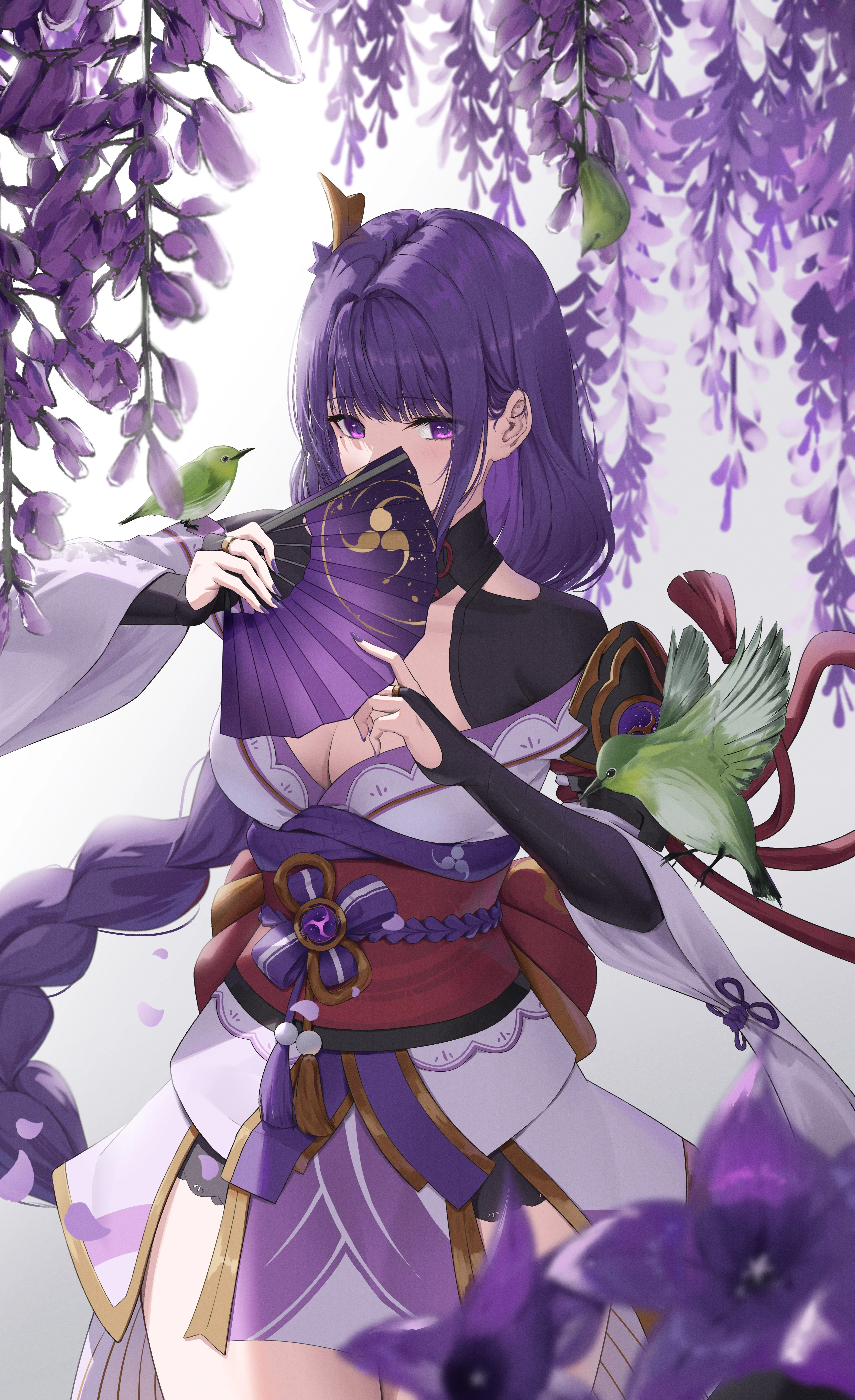 鼹鼠 痣 辫子 长发 紫色头发 原神 动漫 女孩 扇子 花 鸟 动物 花瓣 紫色眼睛 手机壁纸 4K壁纸