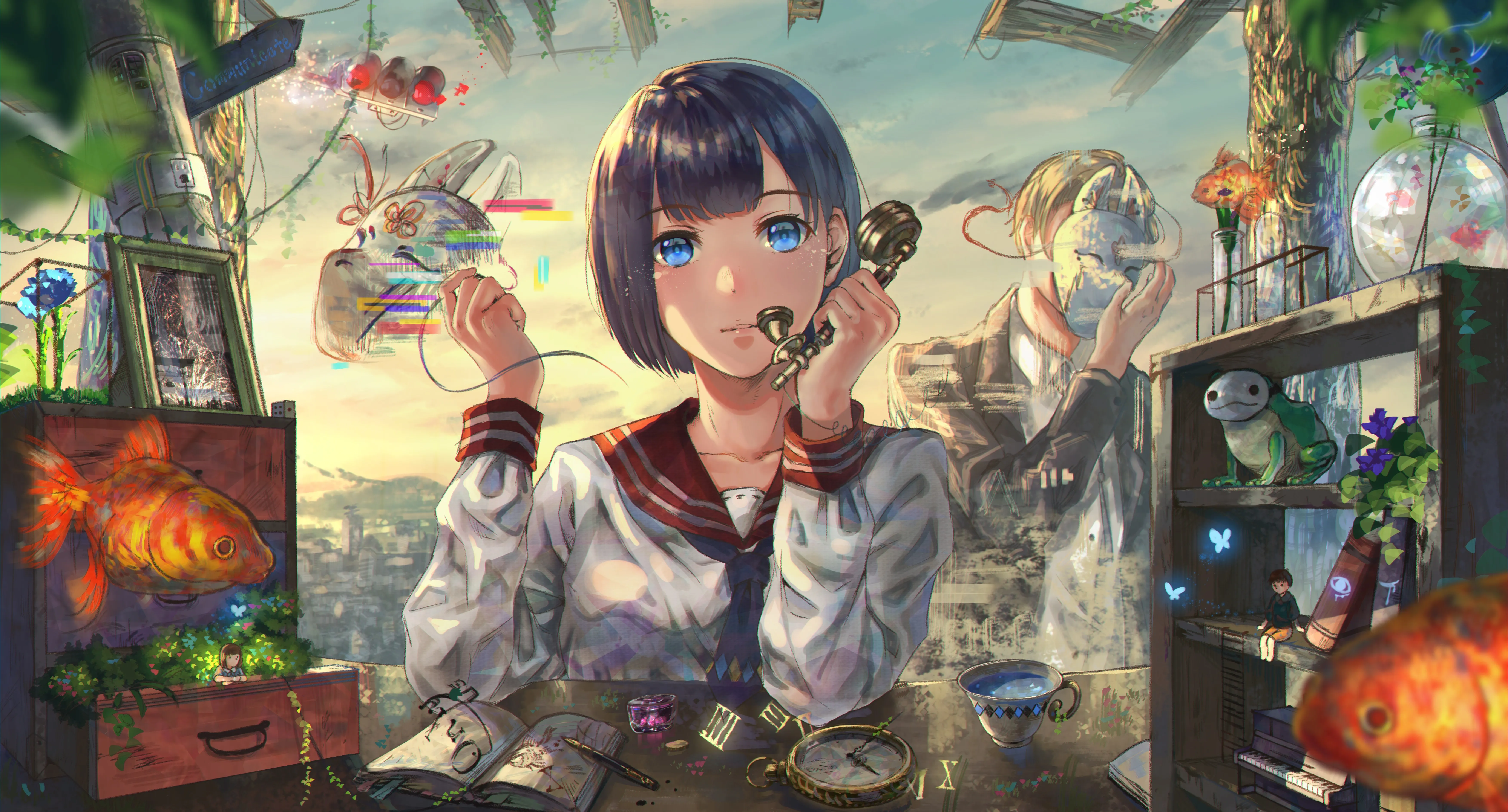 蓝眼睛 蓝头发 短发 动漫 女孩 水手制服 茶话会 鱼 口罩 青蛙 钢笔 钟表 男孩 燕尾服 电线 相框 天空 城市 云 书 花 花瓣 交通灯 4K壁纸