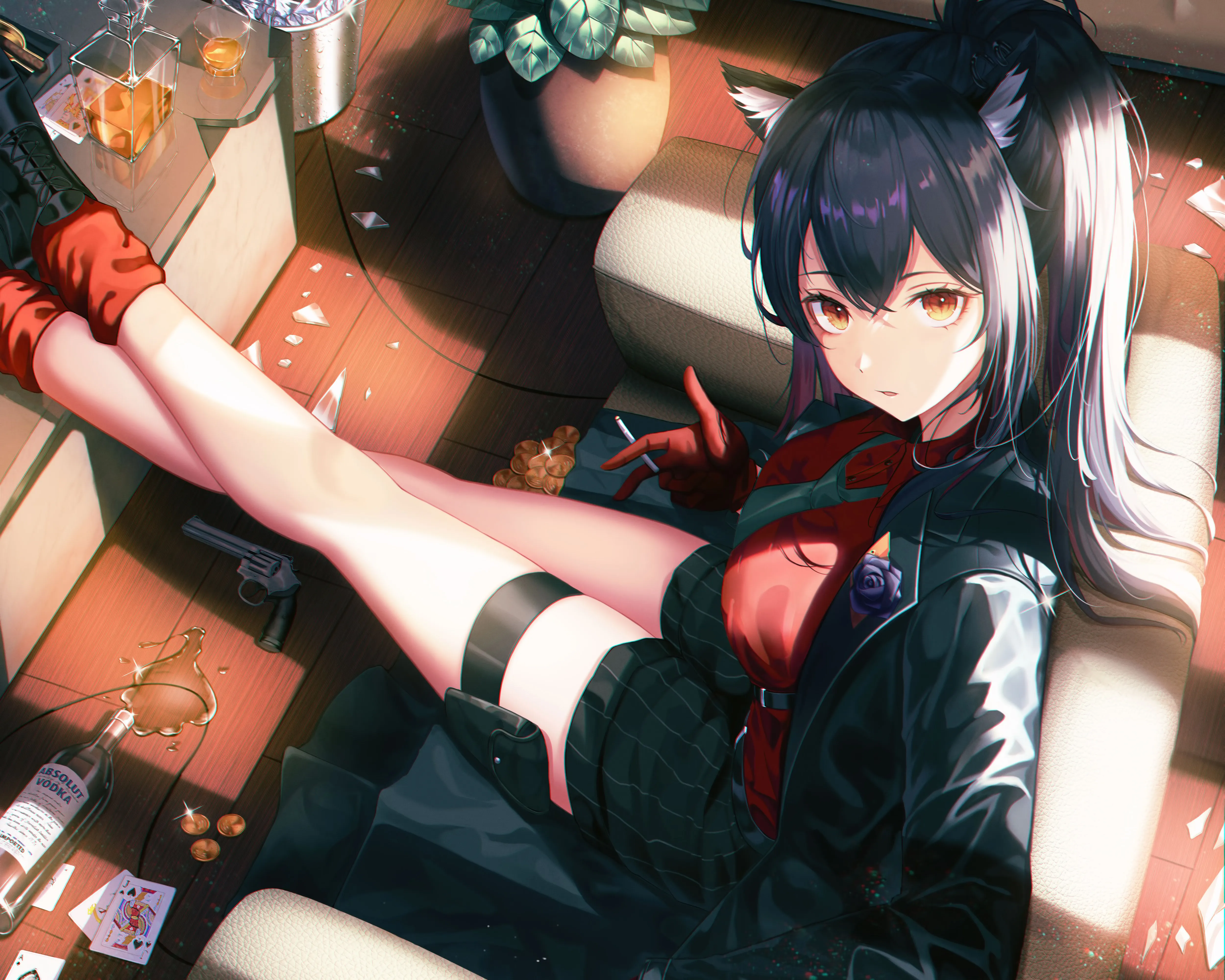 坐 明日方舟 茶 动漫 女孩 狼女孩 4K壁纸
