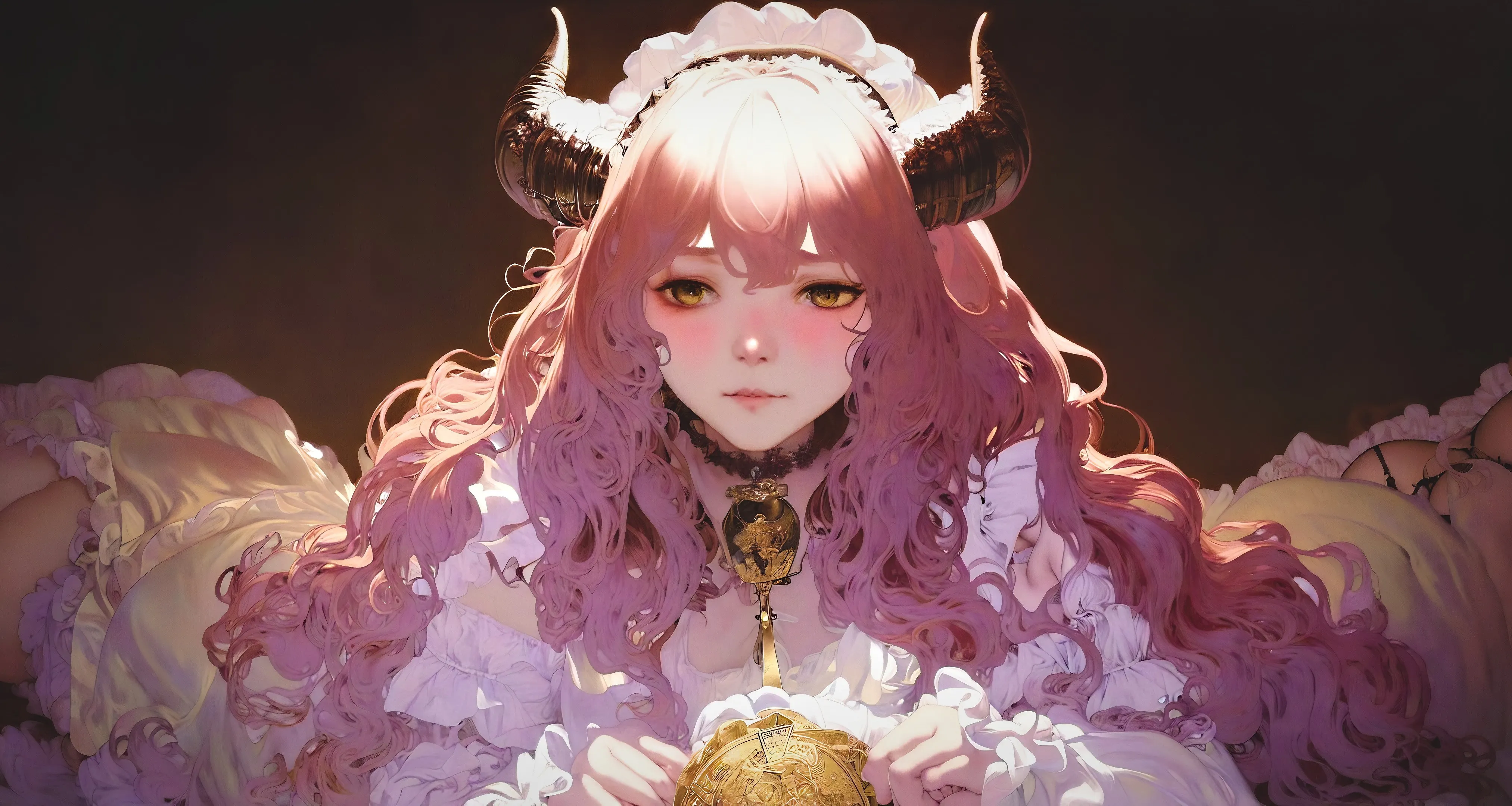 女人 长发 粉色头发 脸 在床上 卷发 角 动漫 女孩 人工智能艺术 稳定扩散 4K壁纸