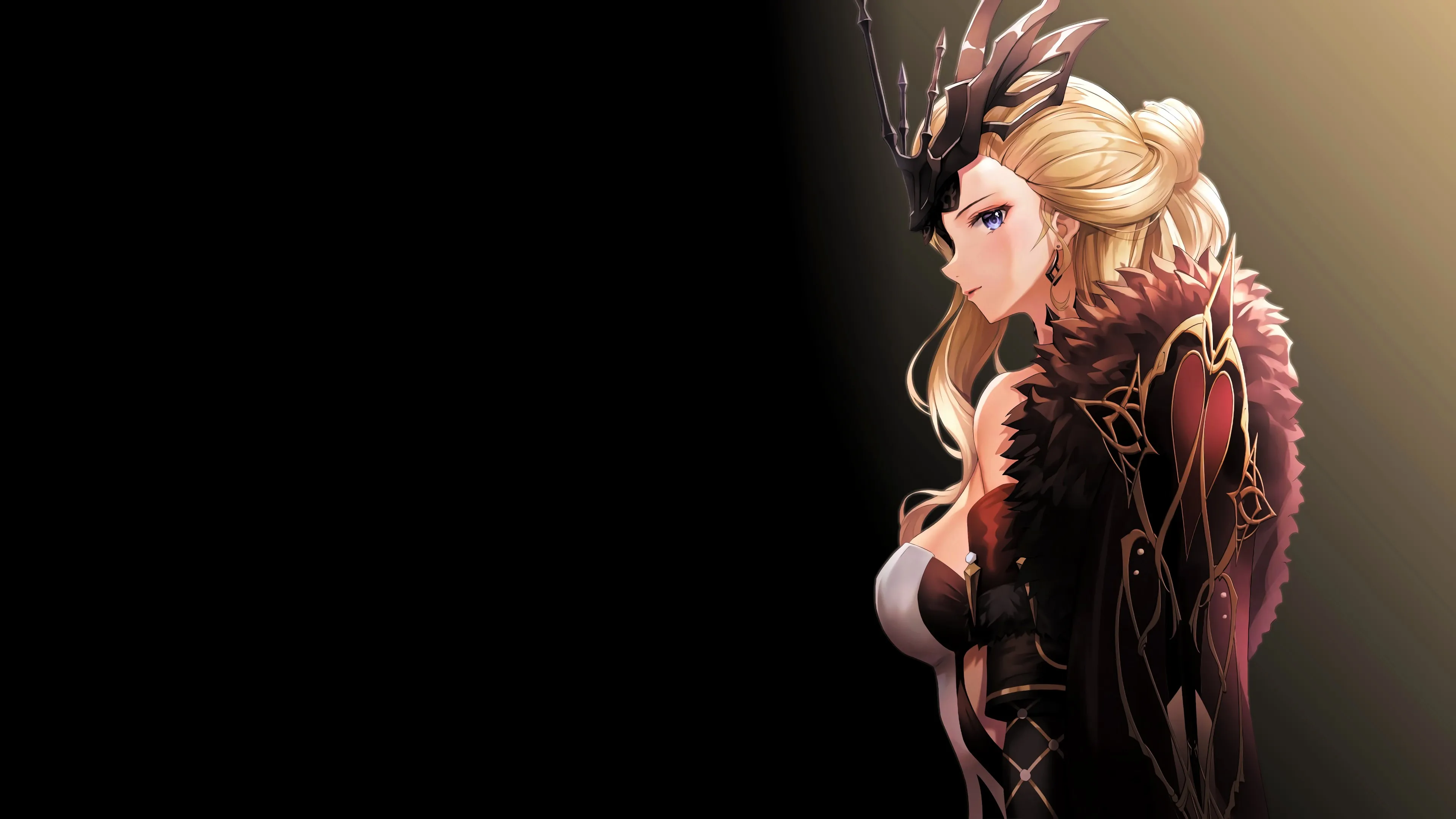 蓝眼睛 金发 月神 原神 简单背景 黑色背景 动漫 女孩 火焰 深红 女巫 4K壁纸