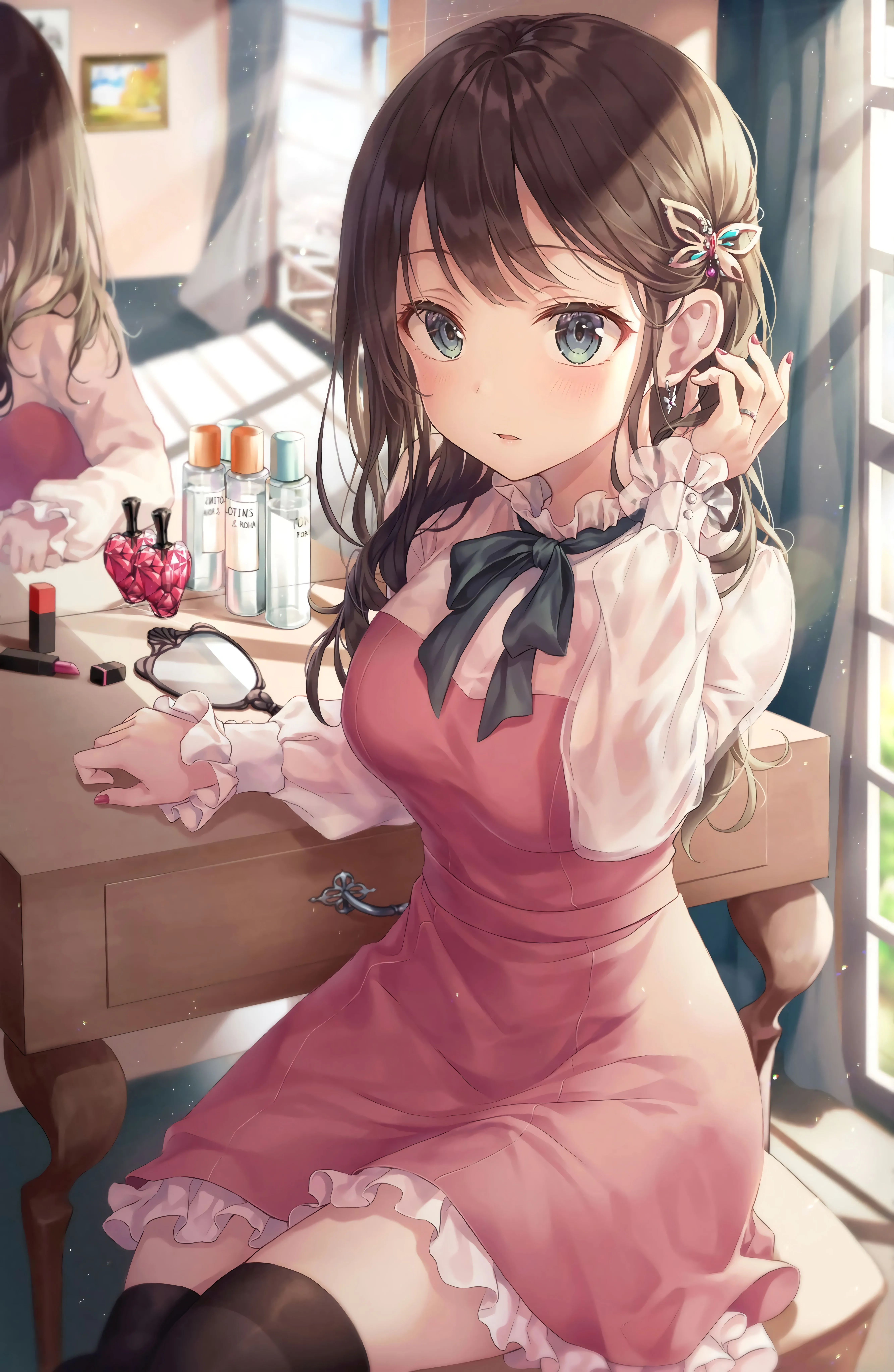 黑发 蓝眼睛 动漫 女孩 连衣裙 大腿高 手机壁纸 4K壁纸