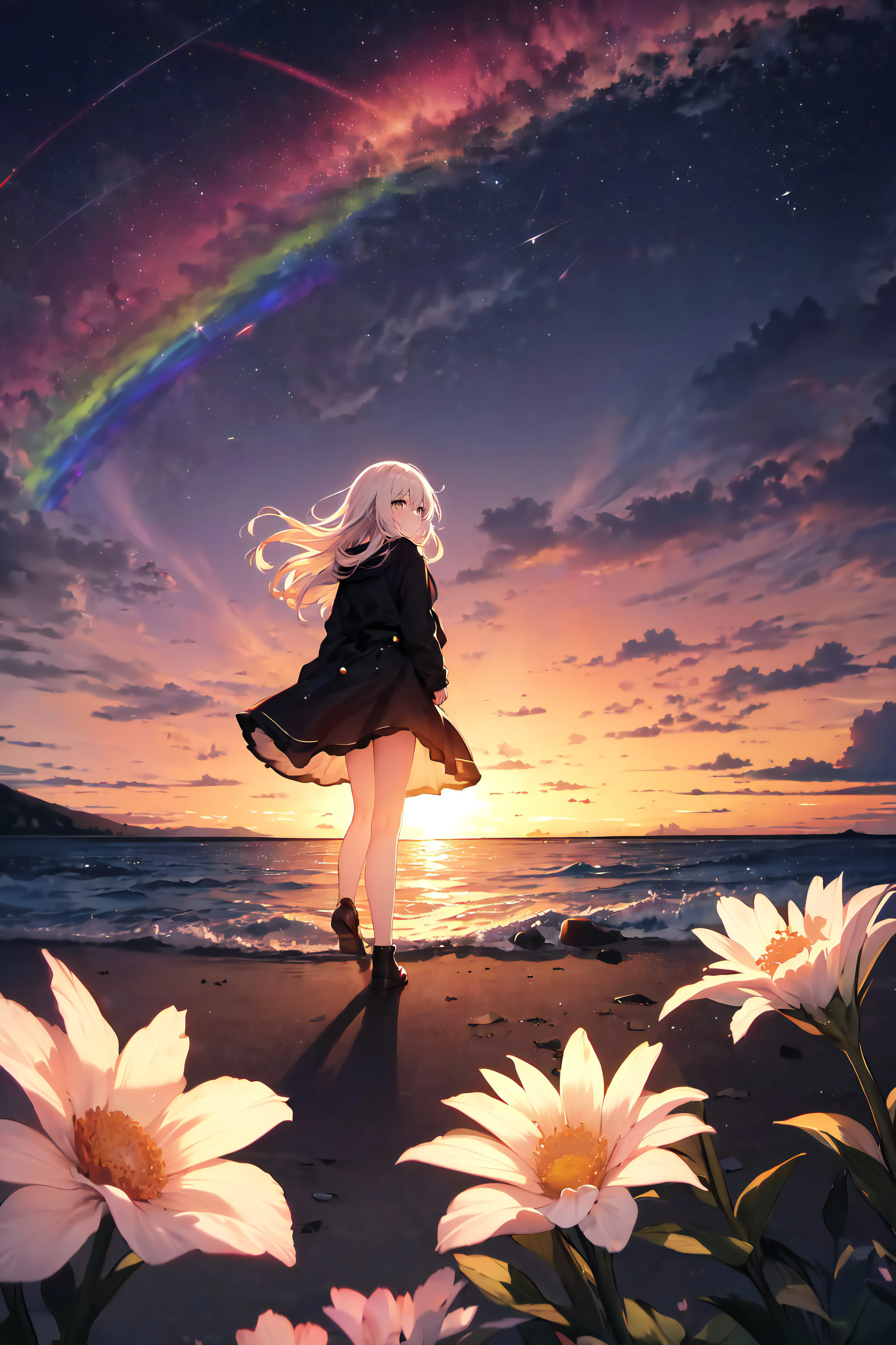行走 长发 侧写 动漫 女孩 鲜花 夕阳辉光 日落 海滩 彩虹 天空 云 水 波浪 树叶 阳光 手机壁纸 4K壁纸