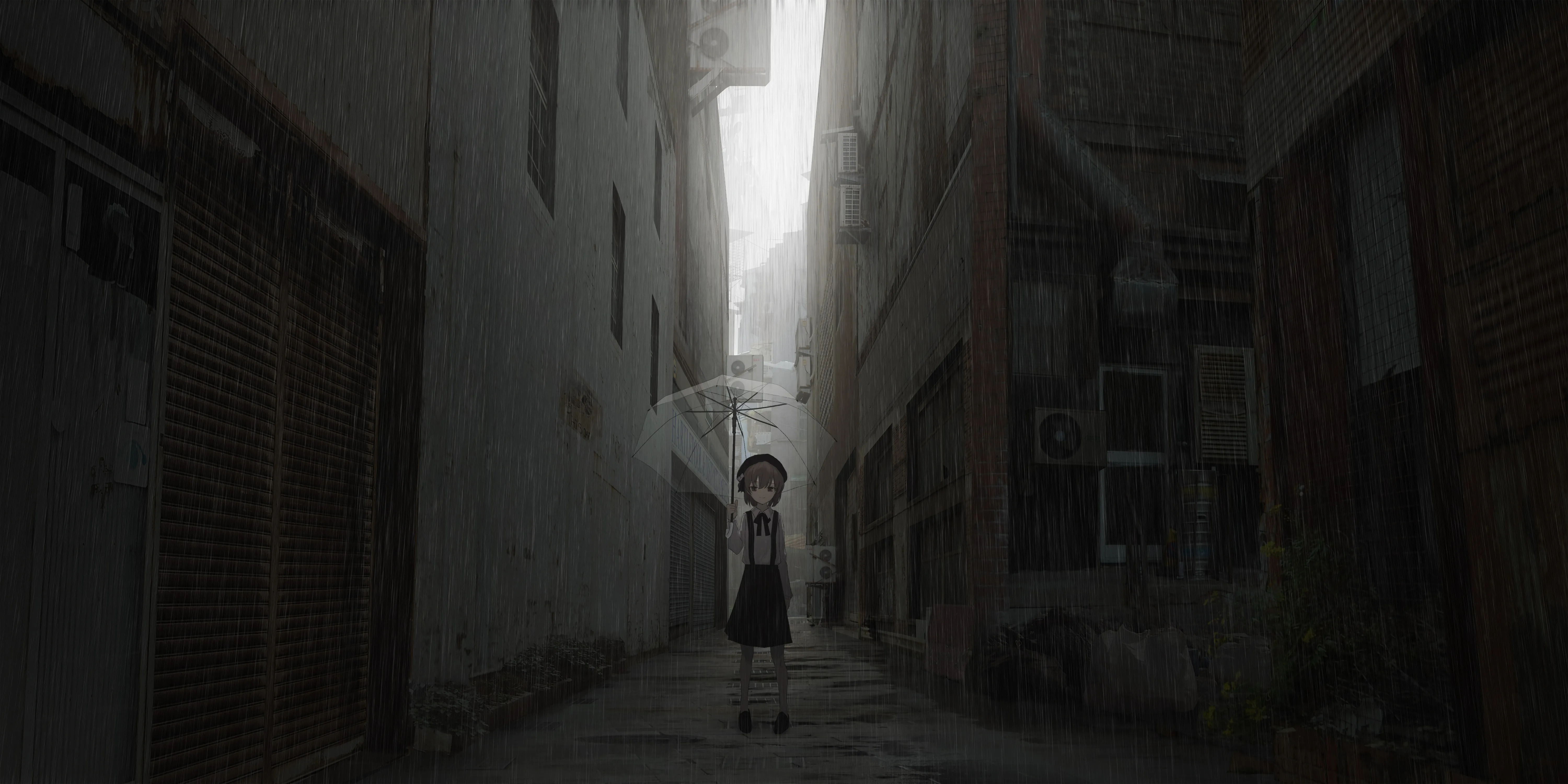 黑发 女学生 短发 动漫 女孩 都市 雨 雨伞 校服 小巷 建筑 孤独 4K壁纸
