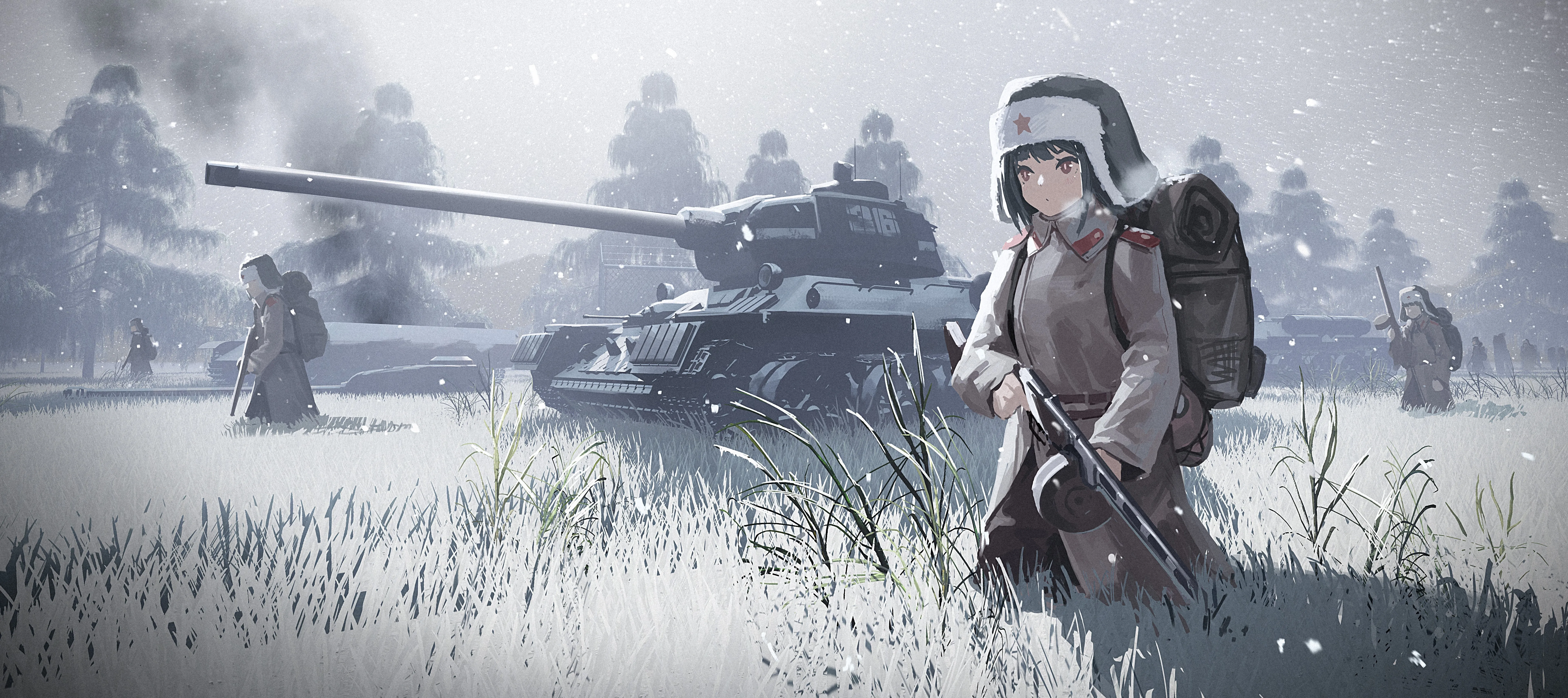原创 人物 动漫 女孩 雪 坦克 冲锋枪 制服 军队 背包 世界大战 8K壁纸