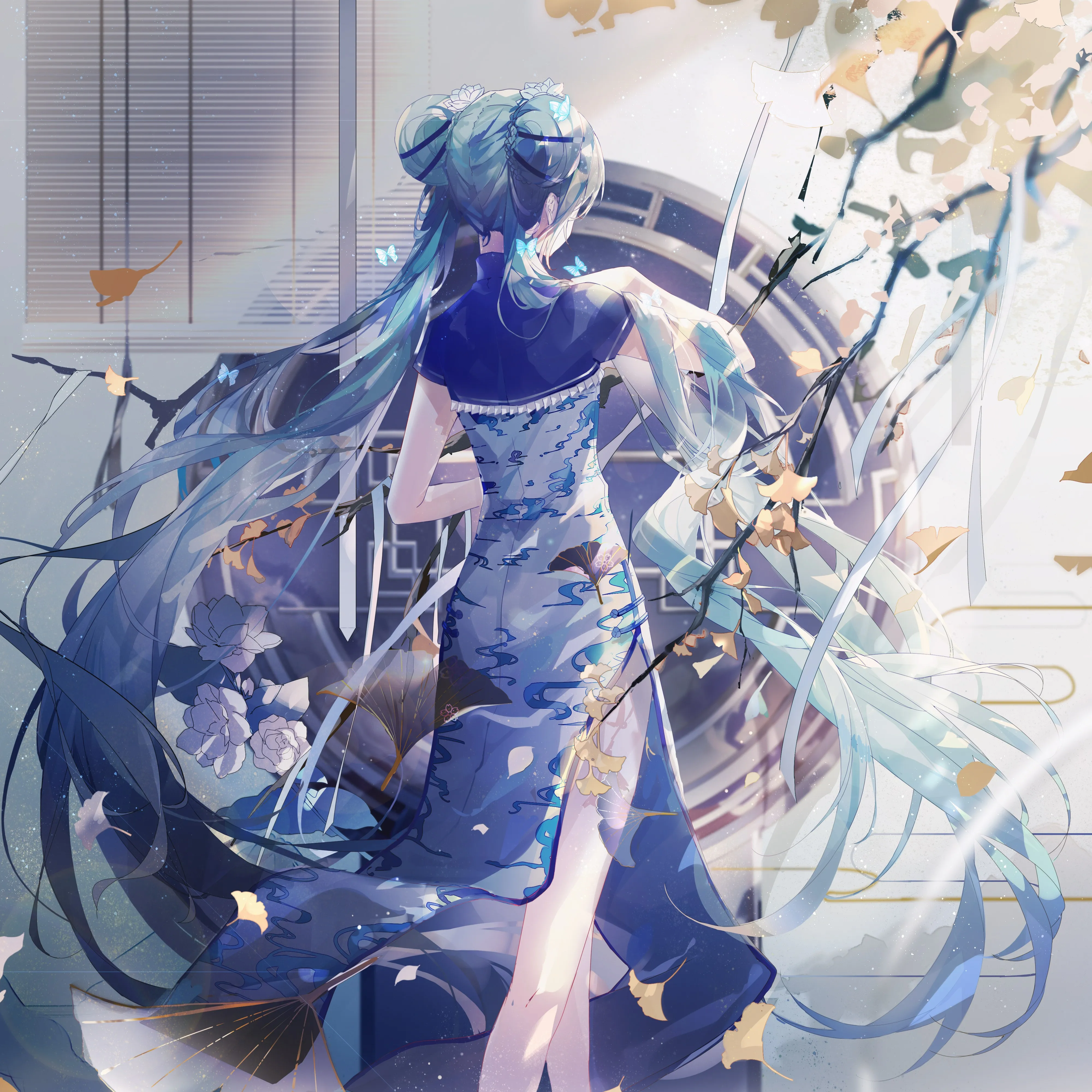 蓝发 长发 动漫 女孩 AI艺术 小提琴 初音 双尾 汉服 旗袍 手机壁纸 4K壁纸