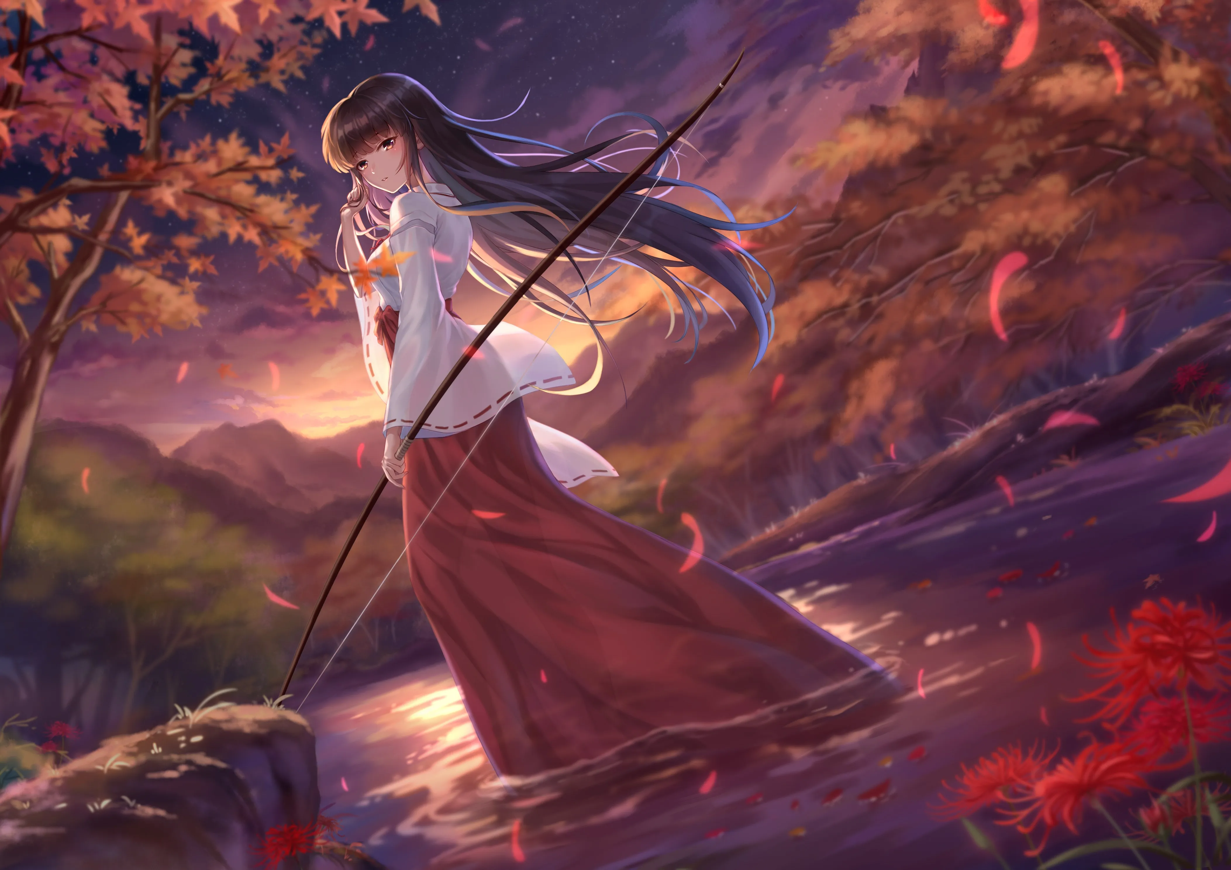 弓箭手 女人 深色皮肤 犬夜叉 动漫 女孩 树木 星星 鲜花 AI艺术 日落 桔梗 4K壁纸