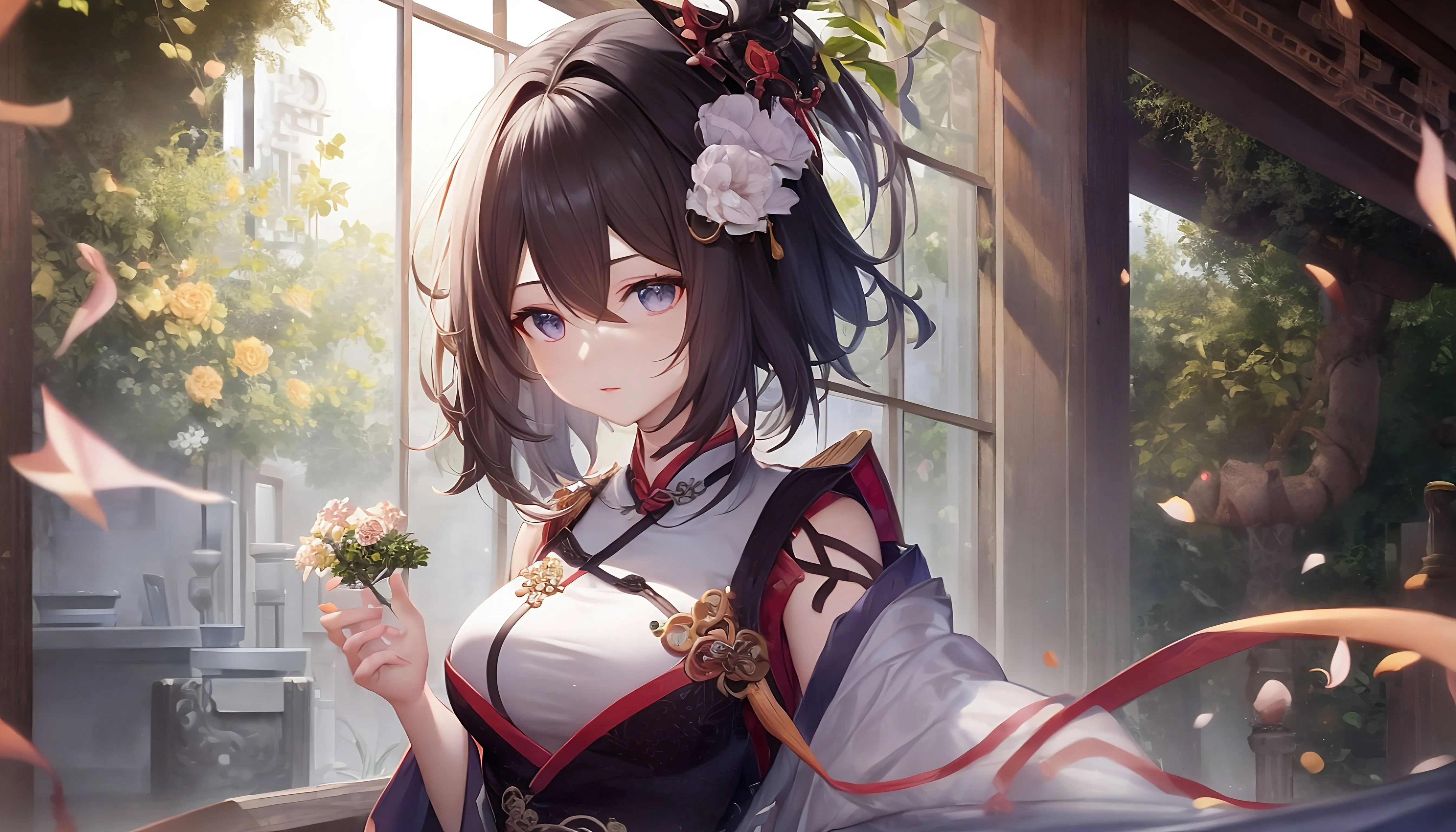 汉服 艺术 小说 服饰 动漫 女孩 花 花瓣 旗袍 4K壁纸