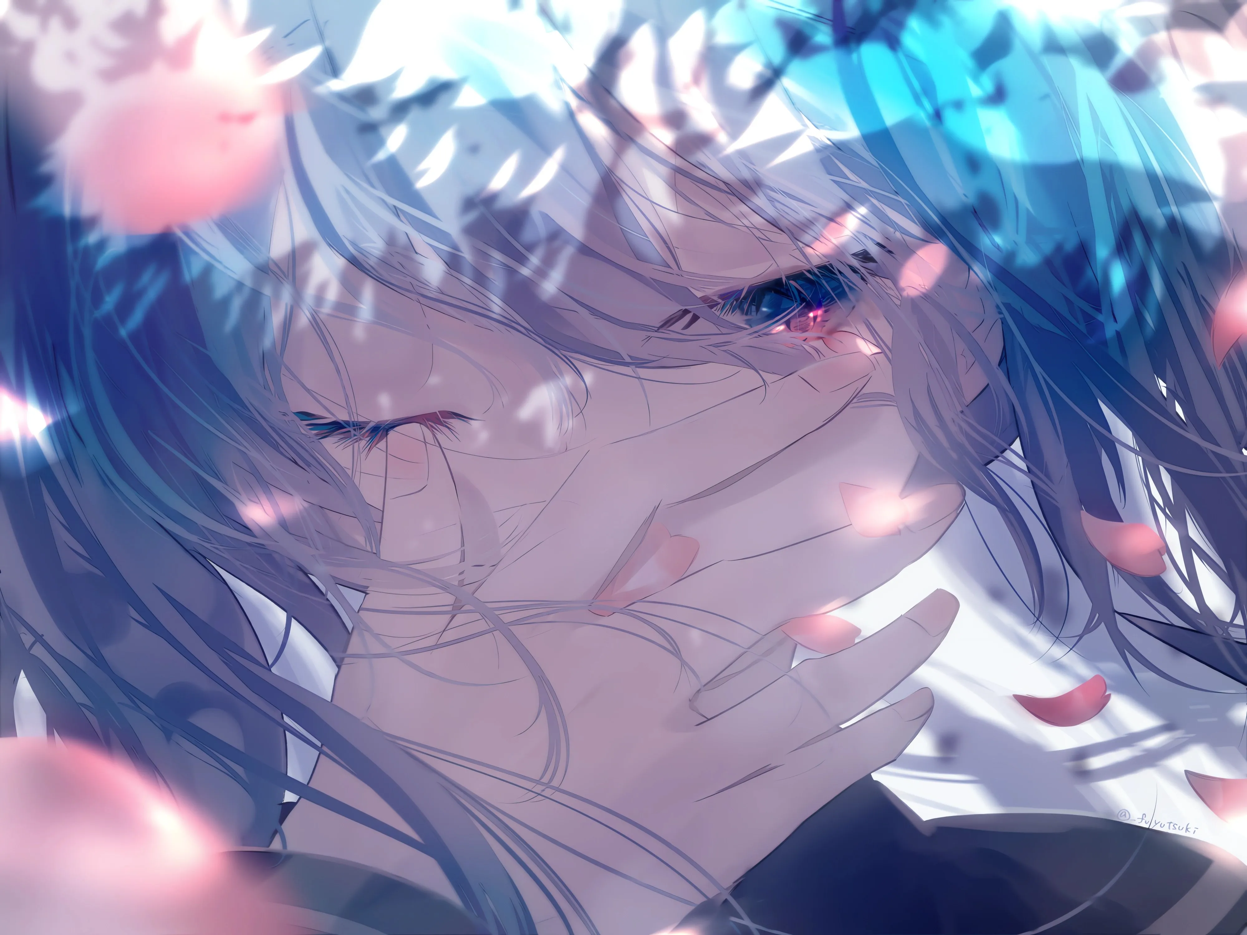 蓝头发 蓝眼睛 遮住 嘴巴 长发 脸 动漫 女孩 初音 元音 花瓣 4K壁纸