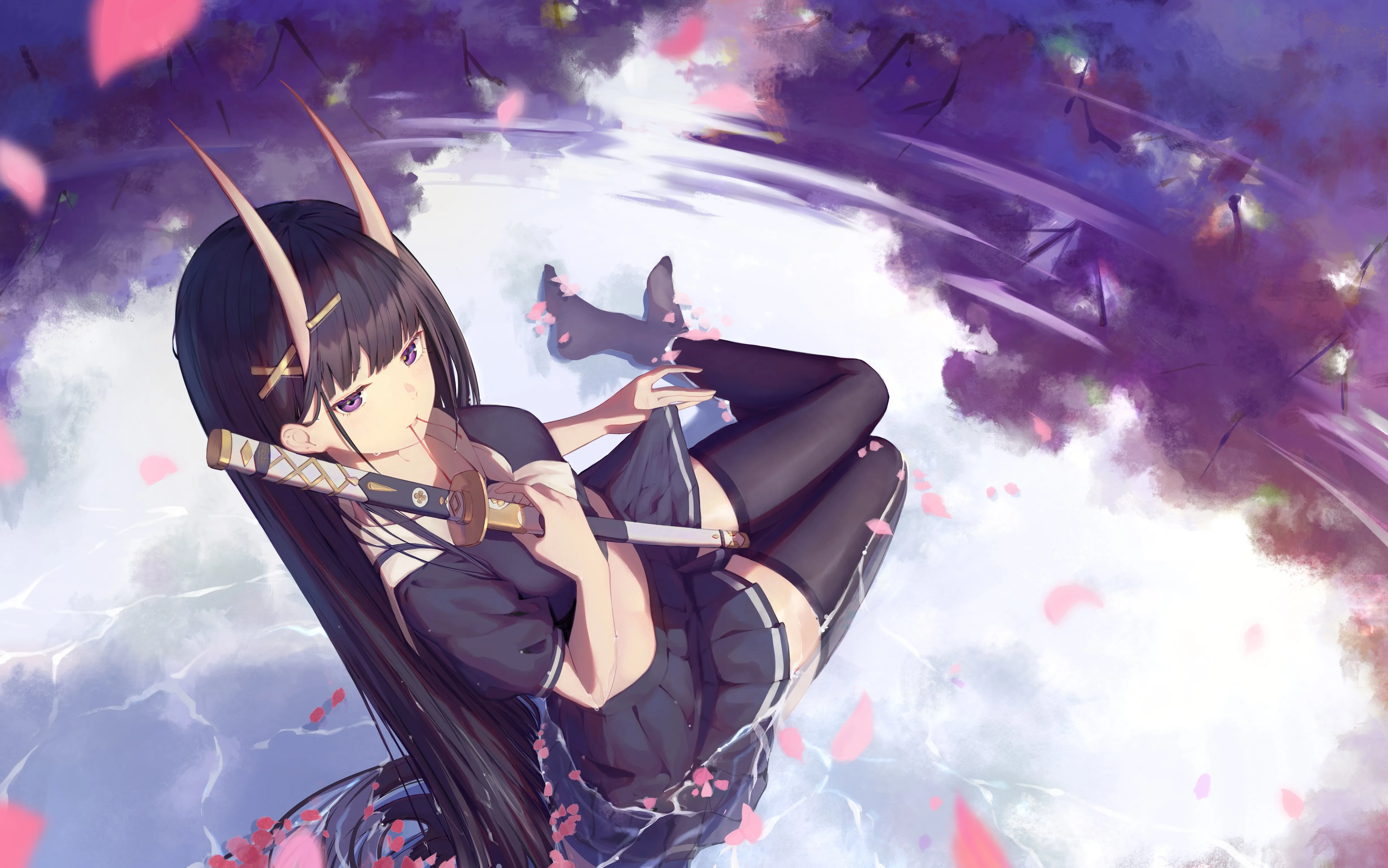 魔女 动漫 女孩 魔角 号角 剑 袜子 水 校服 女孩 蔚蓝巷 碧蓝航线 4K壁纸
